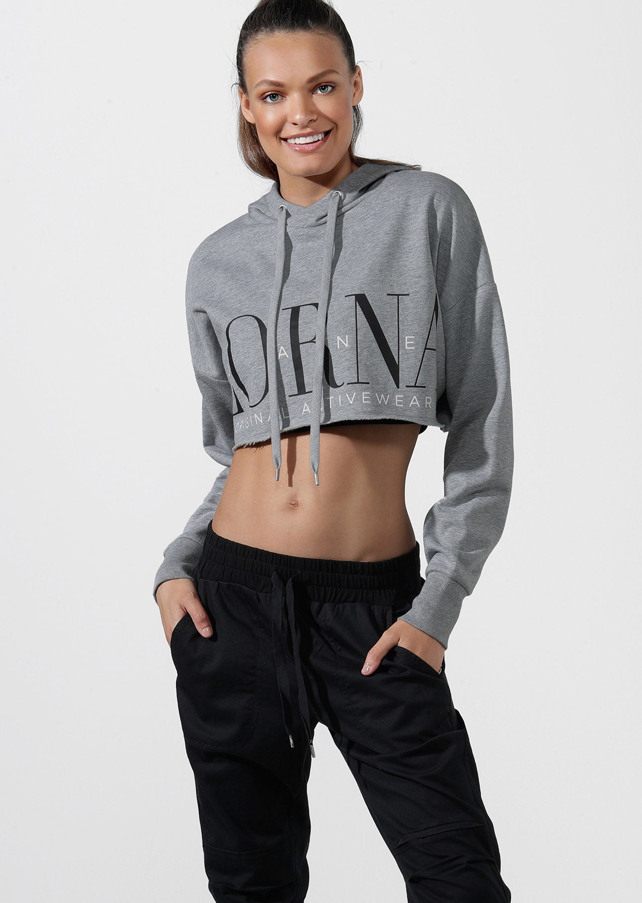 Lorna Jane LJ Cut Off Cropped Hoodie - Mid Grey Marl
