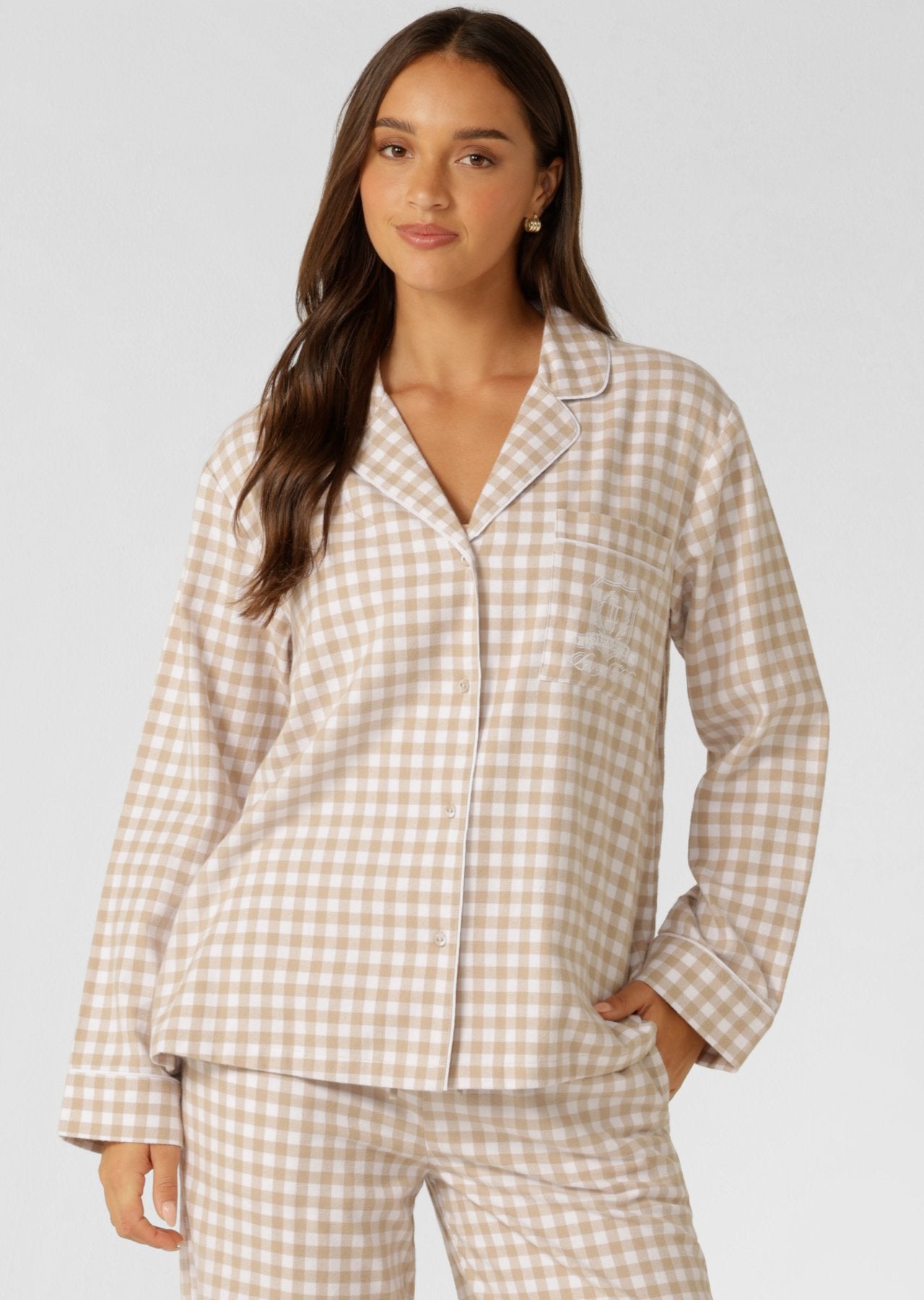 Lorna Jane Flannel Lounge Shirt - Latte Check