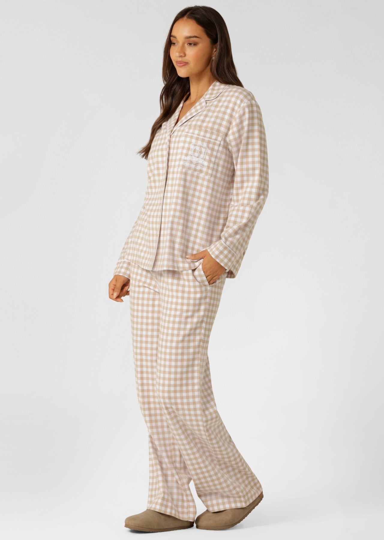 Lorna Jane Flannel Lounge Shirt - Latte Check
