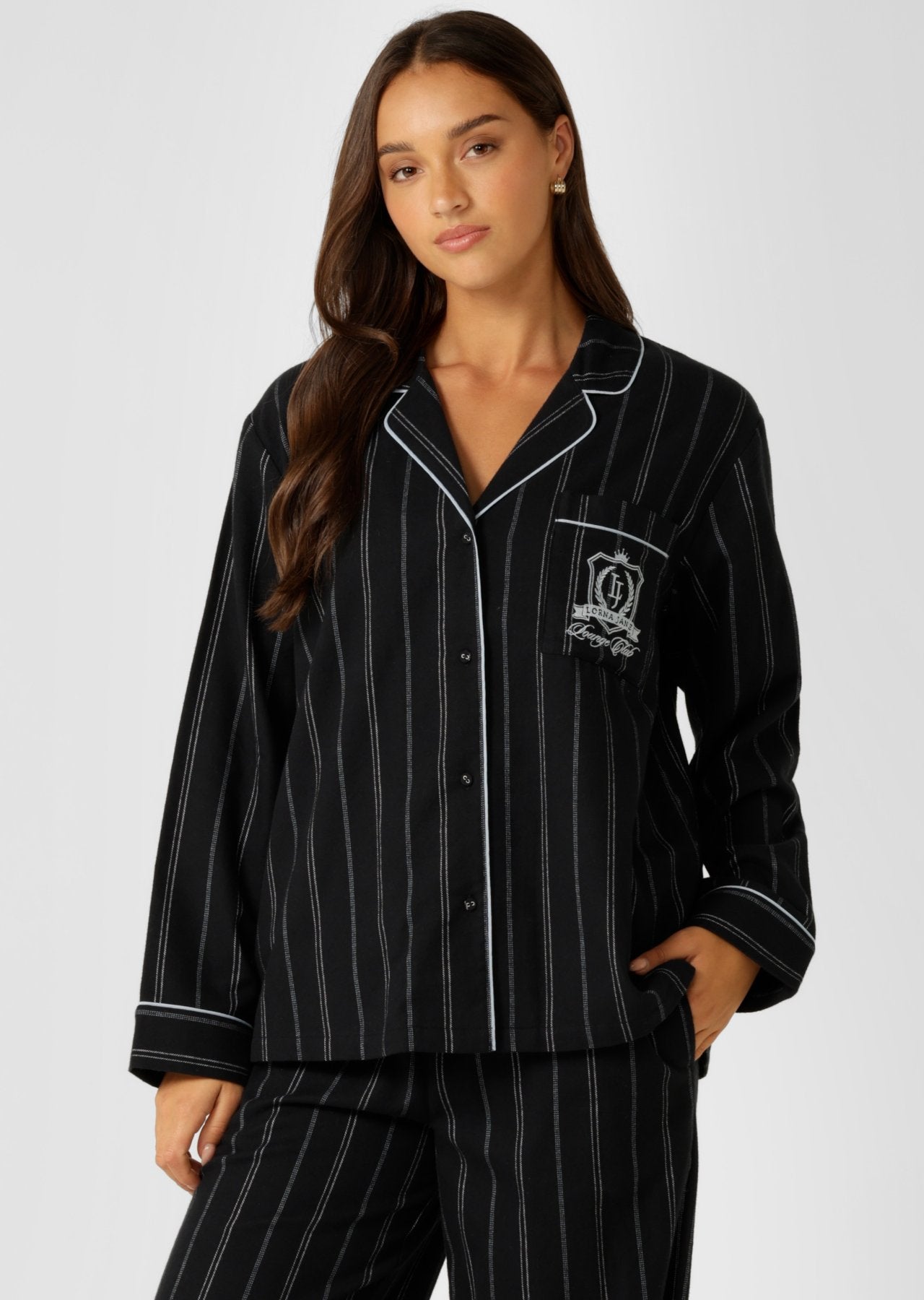 Lorna Jane Flannel Lounge Shirt - Navy Pinstripe