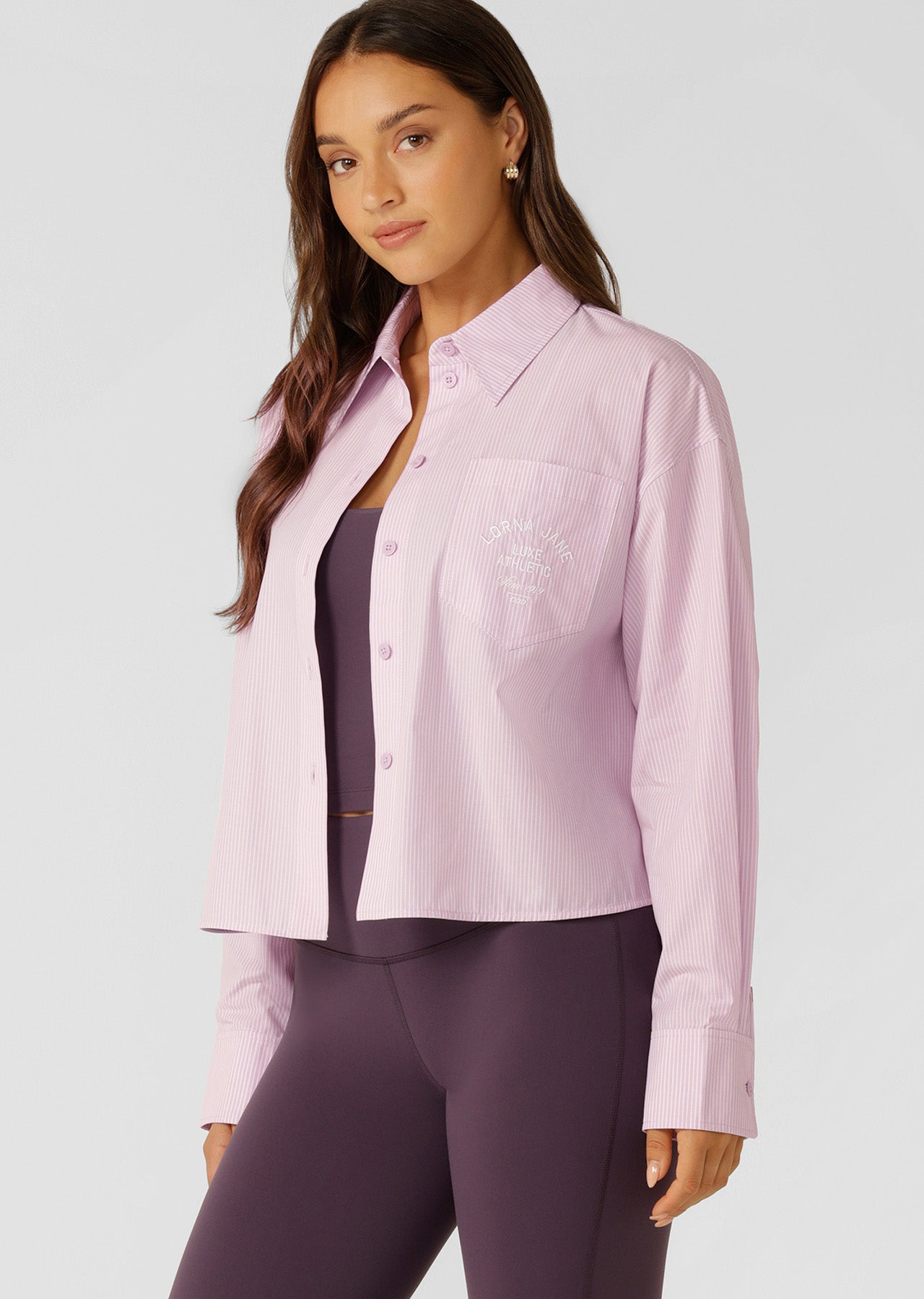 Lorna Jane Heritage Cropped Button Up Shirt - Violet Stripe