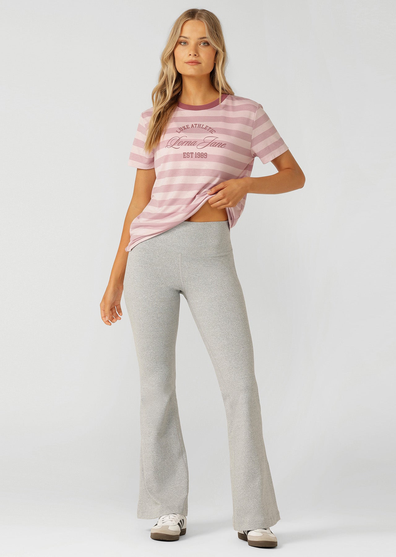 Lorna Jane Luxe Athletic Stripe T-Shirt - Pale Dusty Rose Stripe