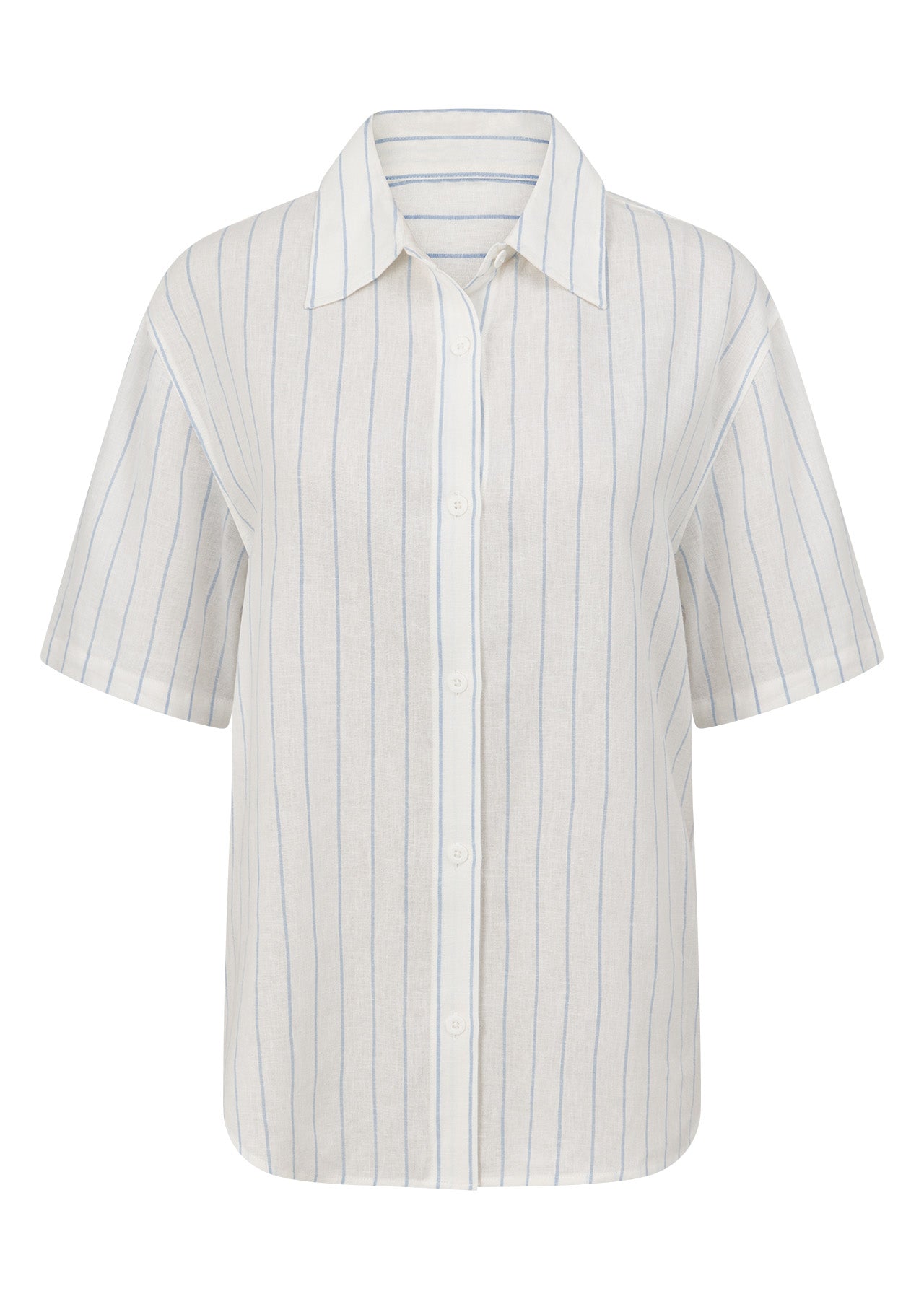 Lorna Jane Preset Stripe Linen Short Sleeve Shirt - Oxford Blue Stripe