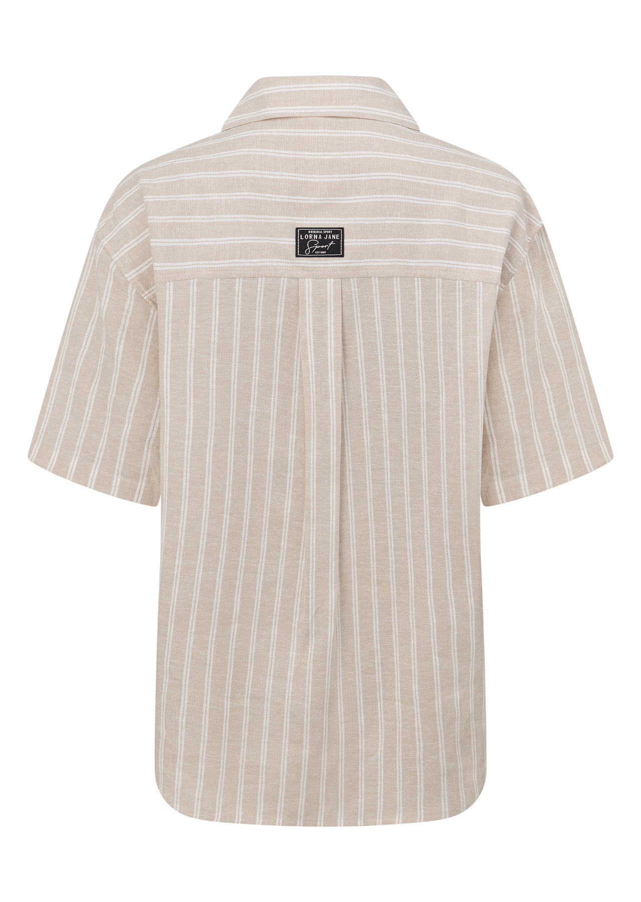 Lorna Jane Preset Stripe Linen Short Sleeve Shirt - Latte Stripe