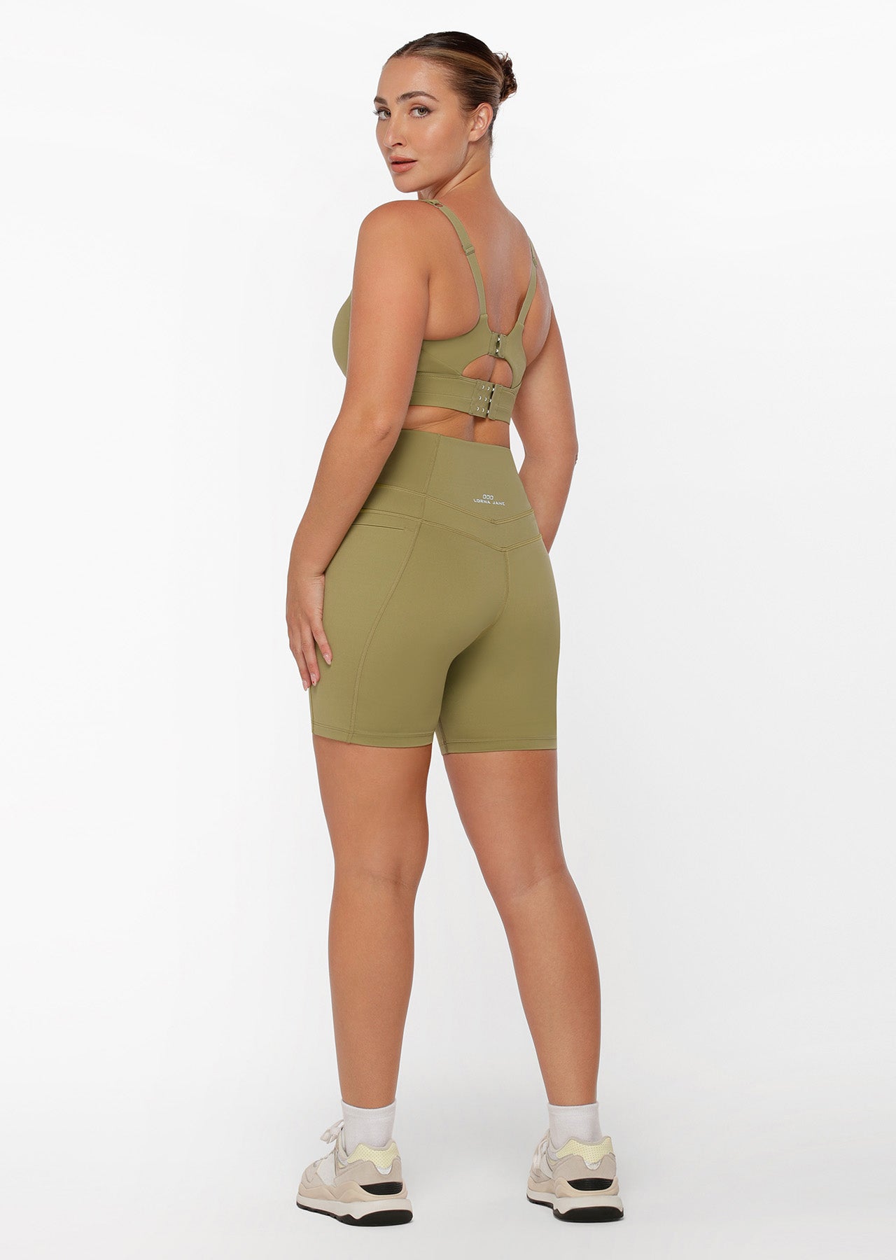 Lorna Jane Stomach Support Zip Phone Pocket Bike Shorts - Olive