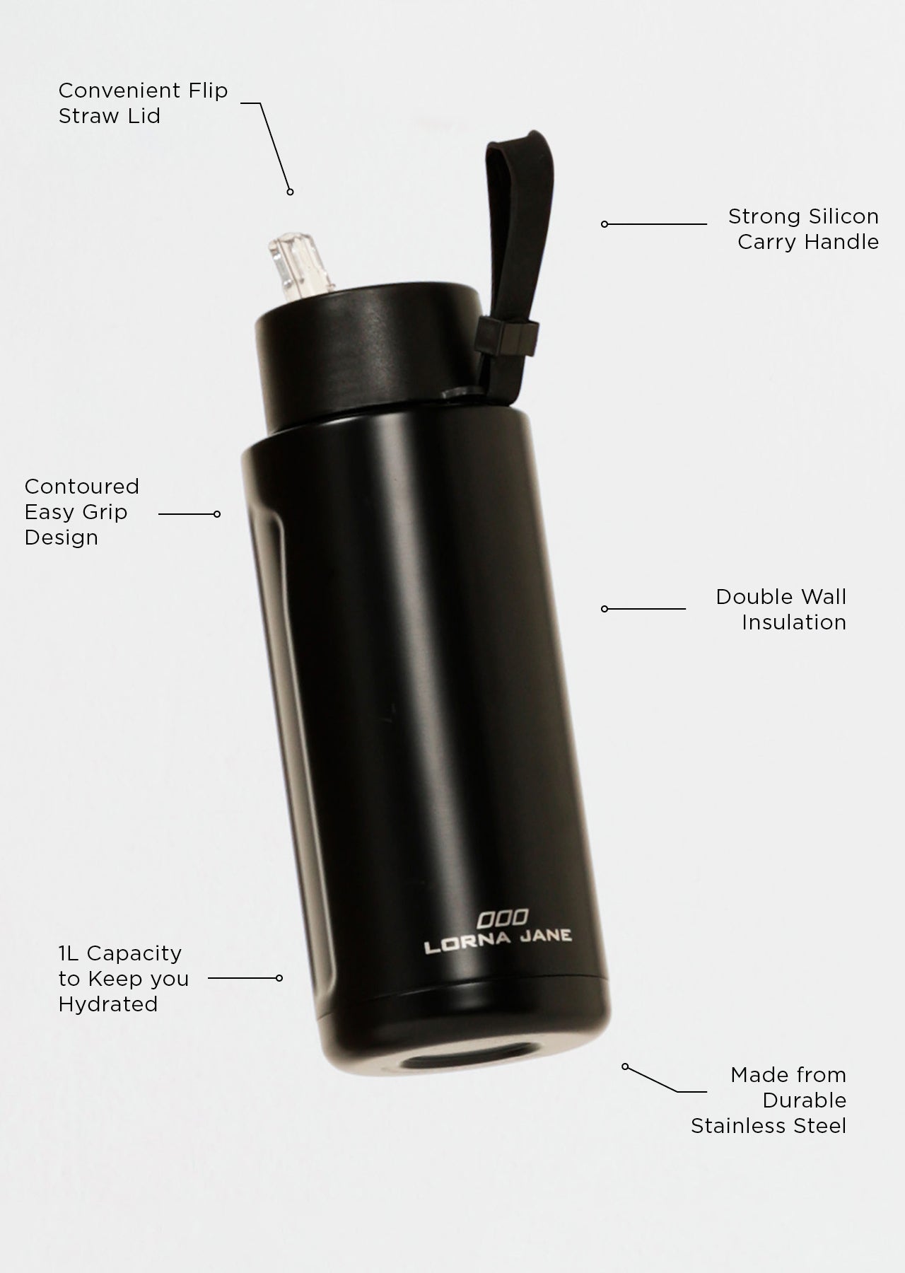 Lorna Jane Essential 1L Insulated Water Bottle - Black