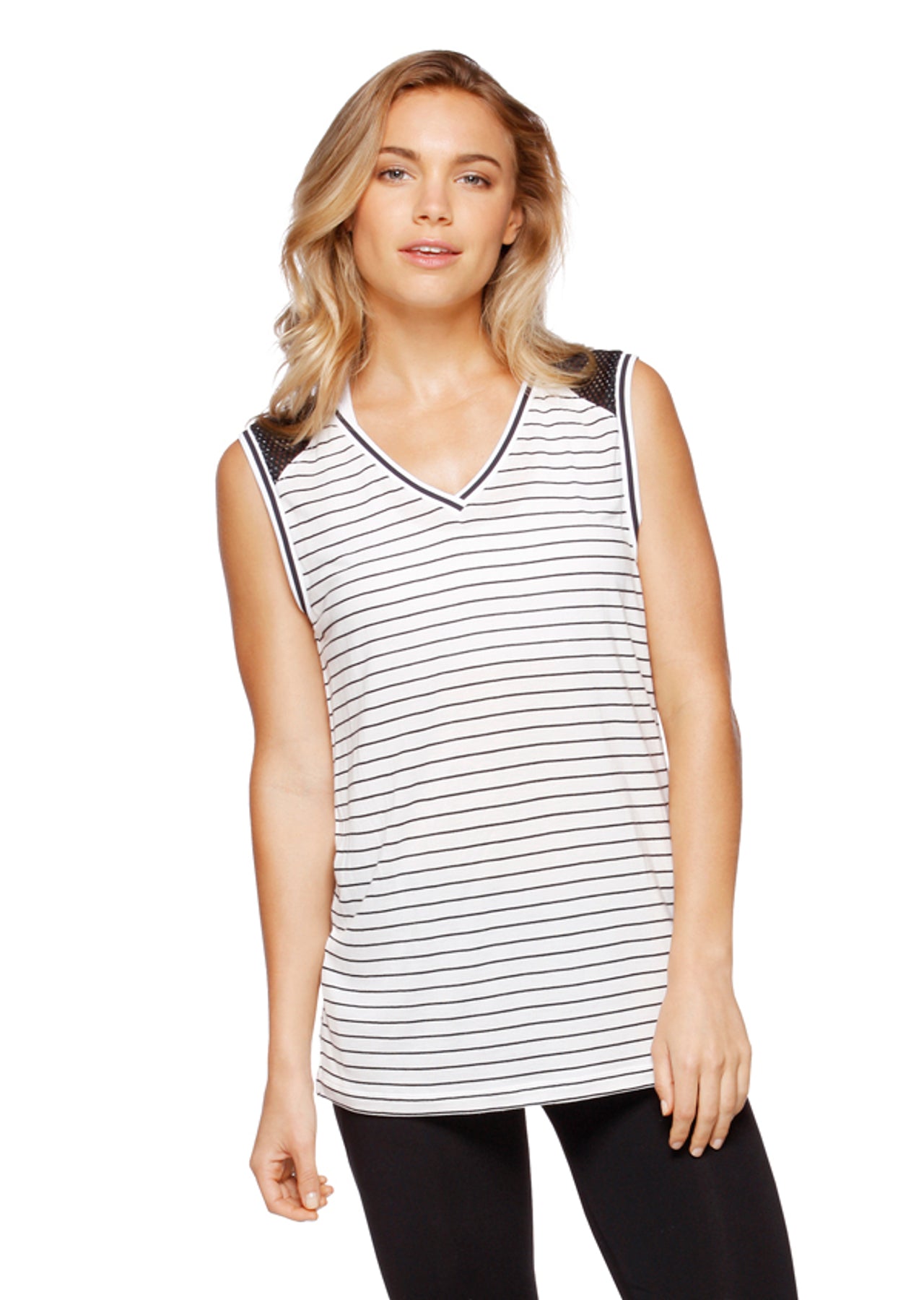 Lorna Jane California Casual Tank - White/Black Stripe
