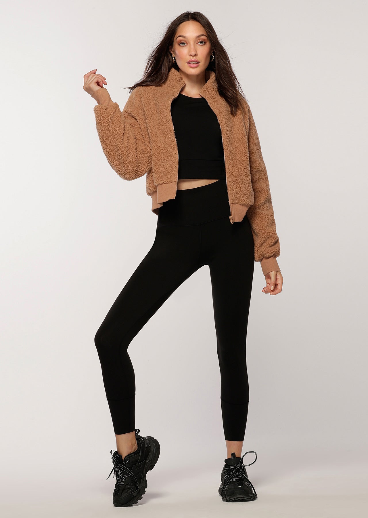 Lorna Jane Comfy Sherpa Bomber Jacket - Biscuit