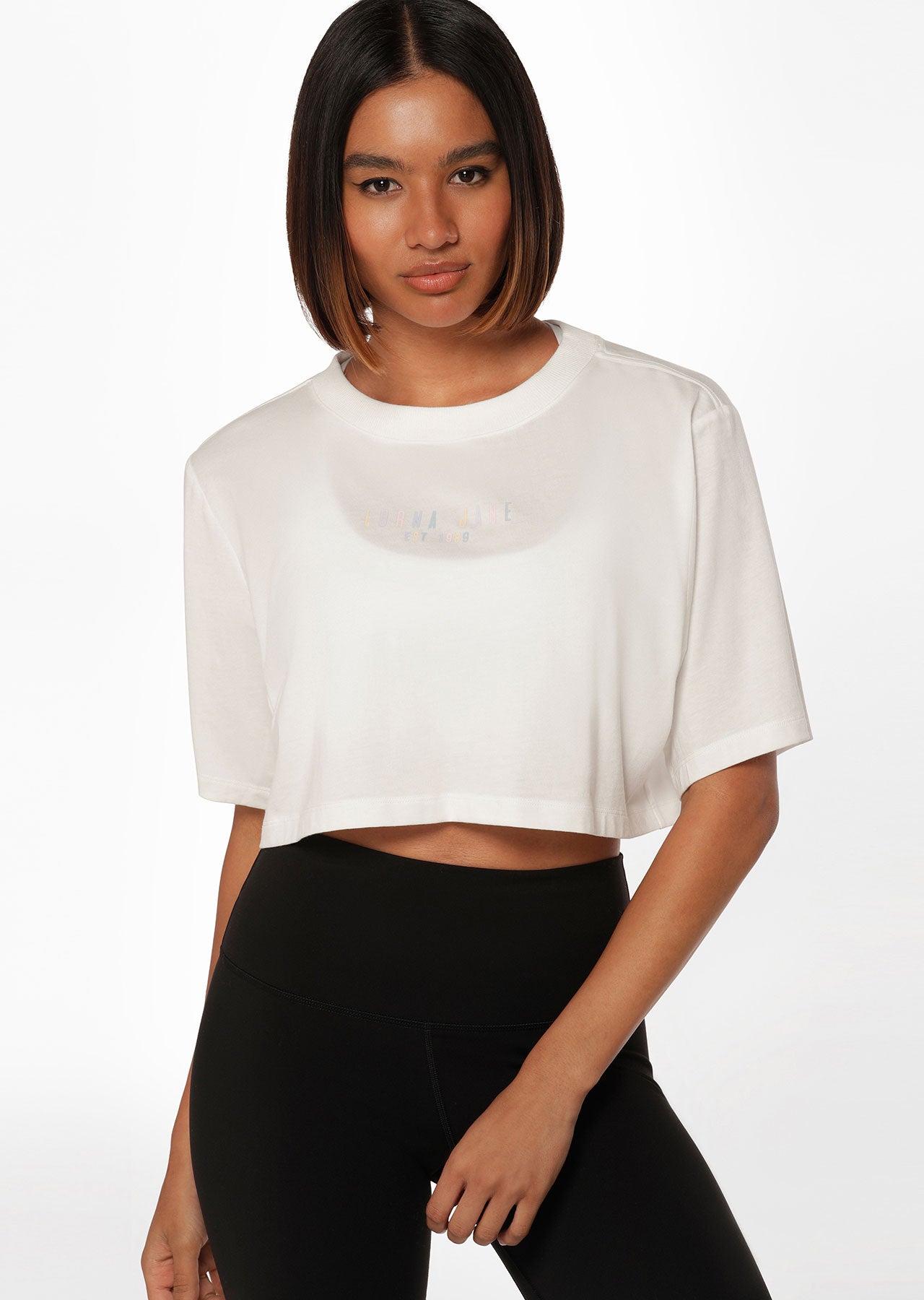 Lorna Jane Rainbow Transdry Active Cropped Tee - Porcelain