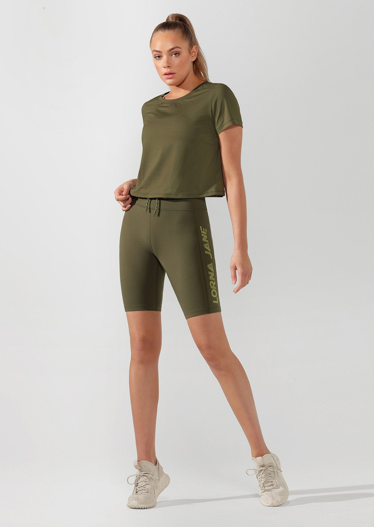 Lorna Jane Performance Cropped Active Tee - Pale Olive