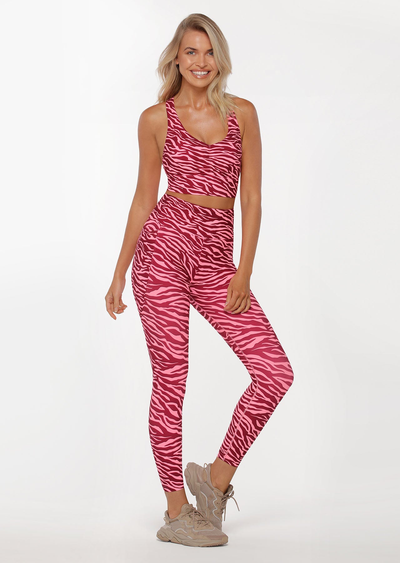 Lorna Jane Scrunched Front Zebra Sports Bra - Bright Zebra Print