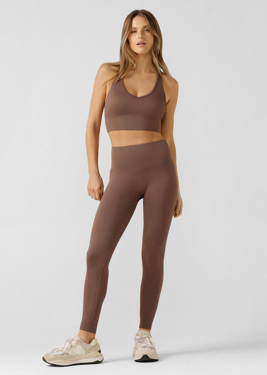 Lorna Jane Tempo Ribbed Seamless Ankle Biter Leggings - Washed Chocolate