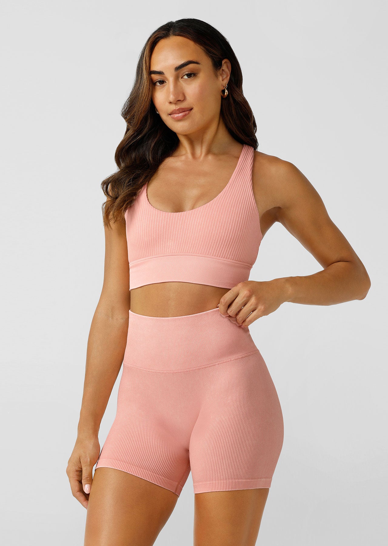 Lorna Jane It Girl Wide Ribbed Seamless 12cm Bike Shorts - Washed Peach
