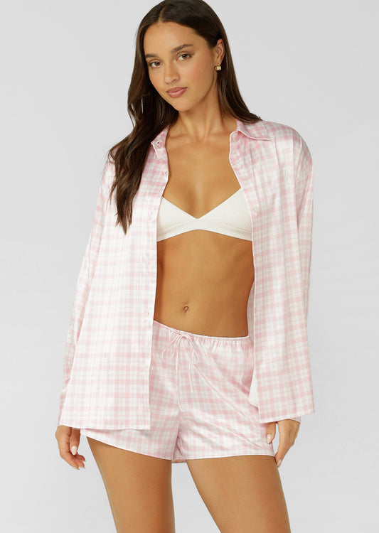Lorna Jane Love Game Satin Long Sleeve Shirt - Soft Check Print