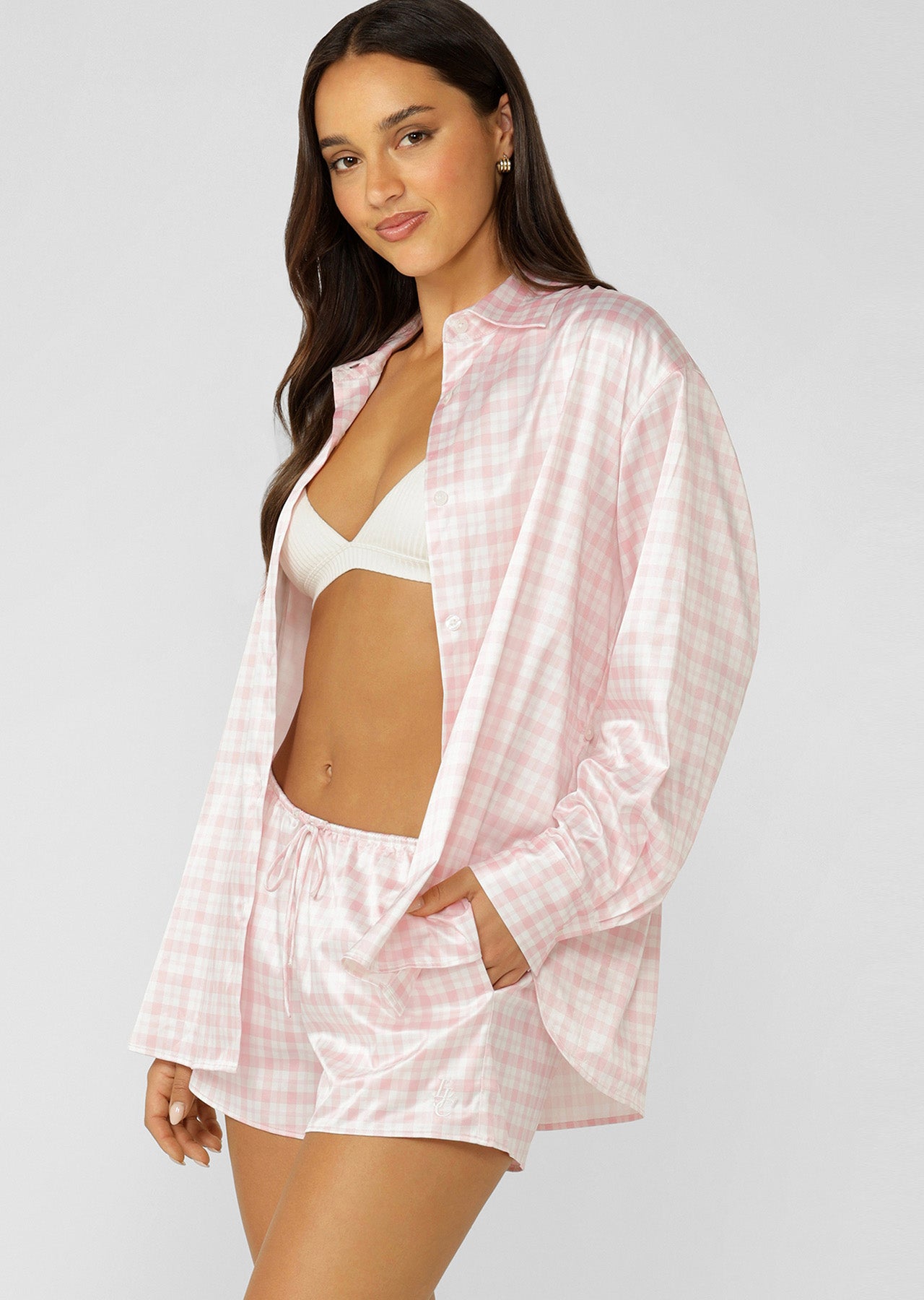 Lorna Jane Love Game Satin Long Sleeve Shirt - Soft Check Print