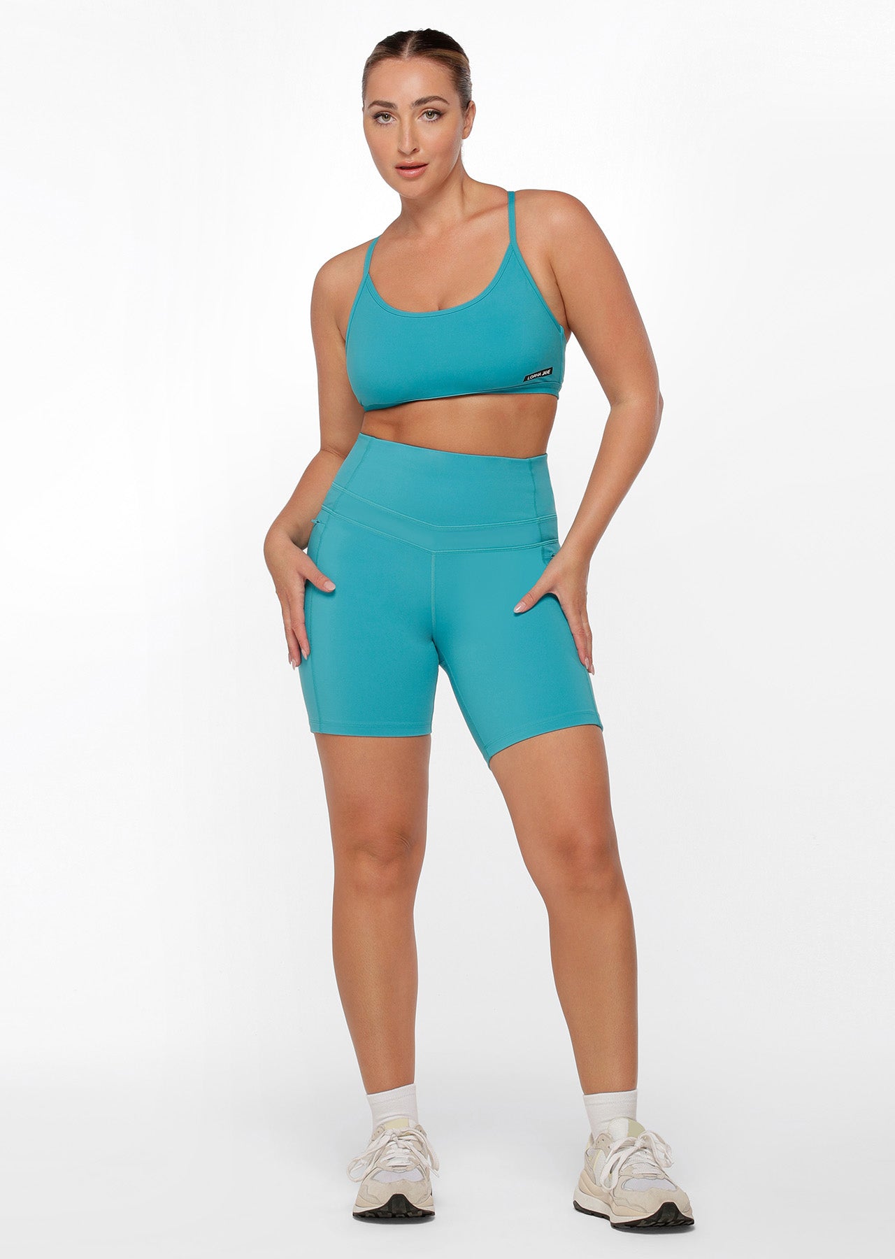 Lorna Jane Stomach Support Zip Phone Pocket Bike Shorts - Aqua Buzz