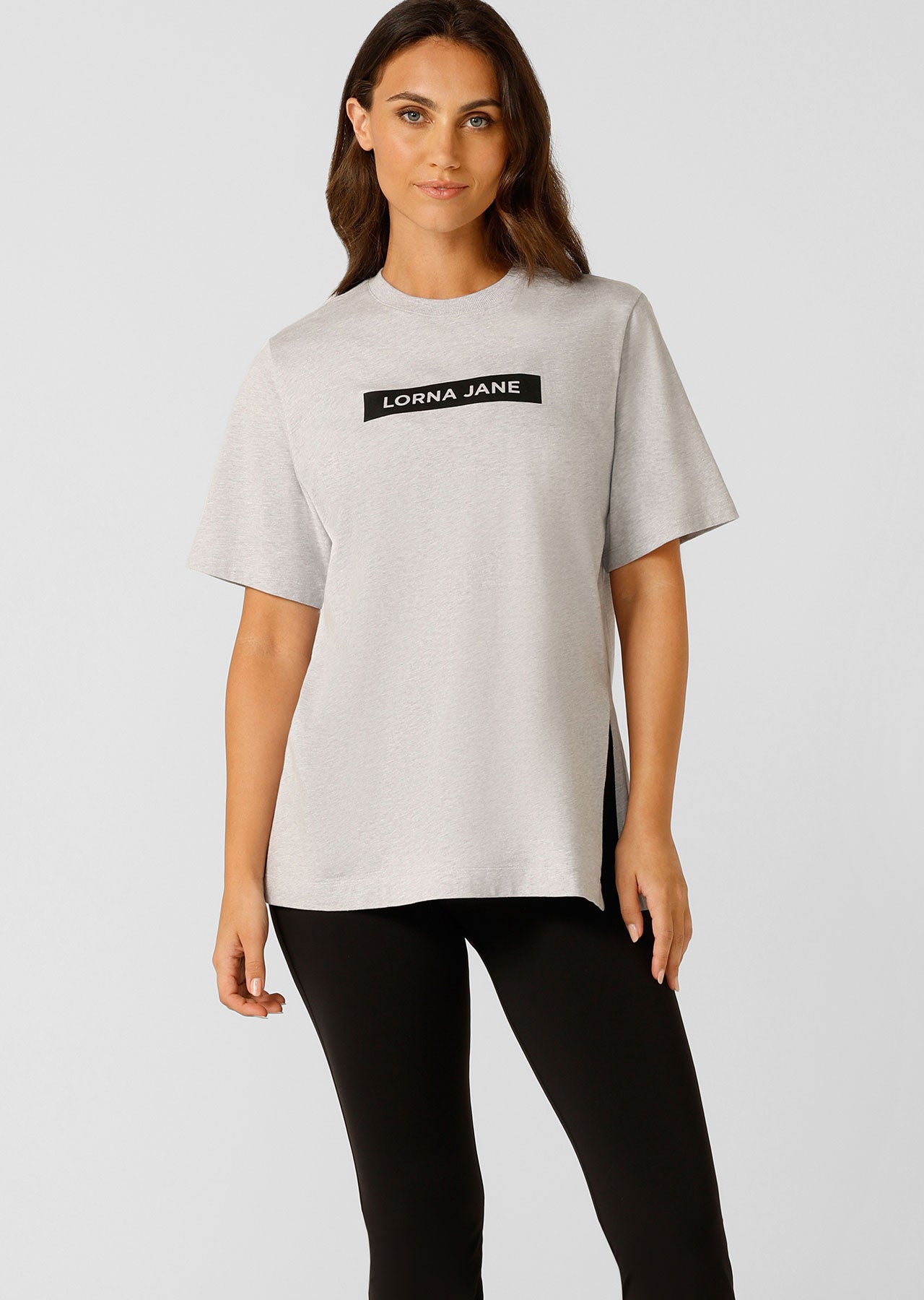Lorna Jane Split Hem Relaxed Tee - Grey Marl