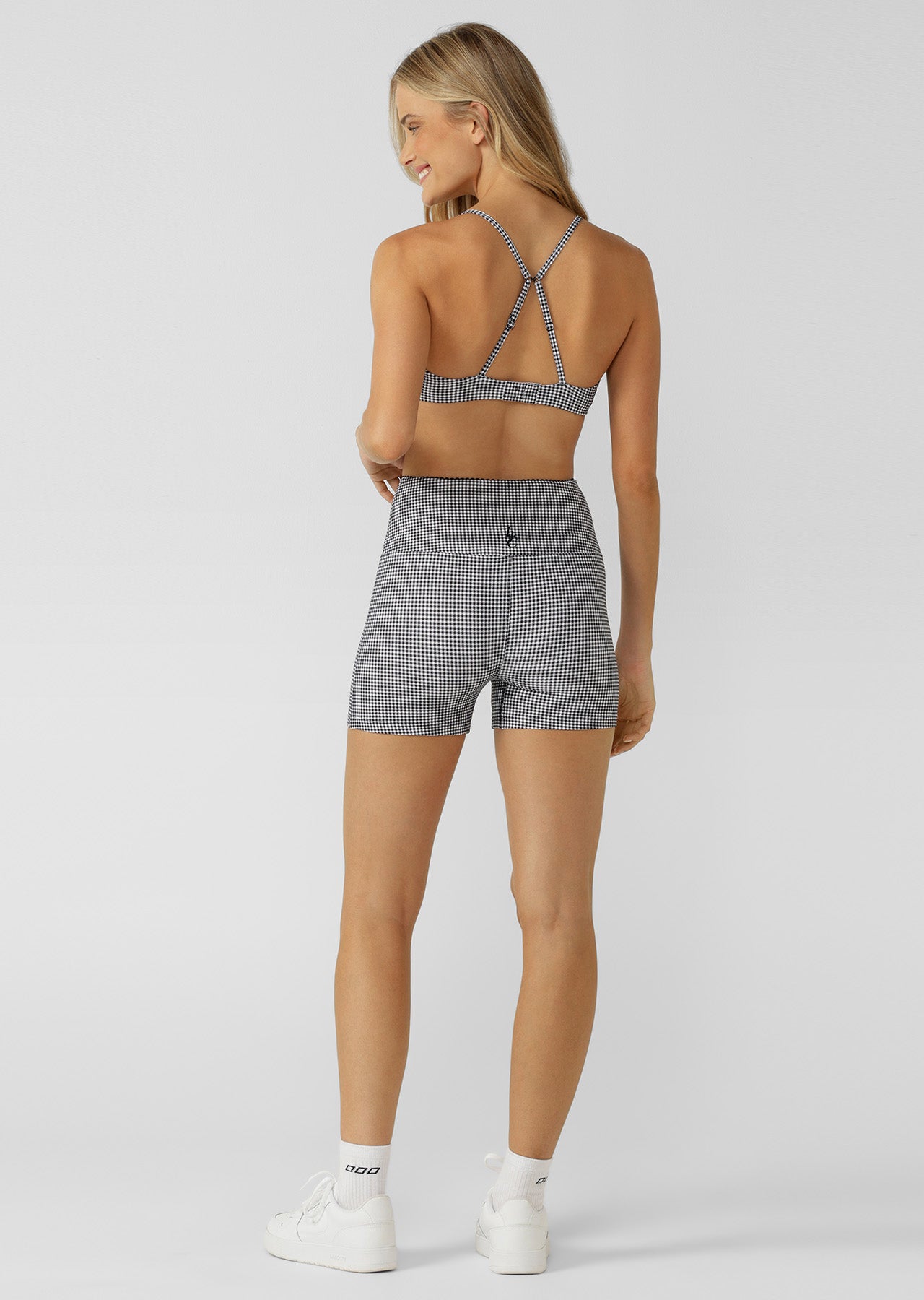 Lorna Jane Check On It Sports Bra - Greyscale Gingham Print
