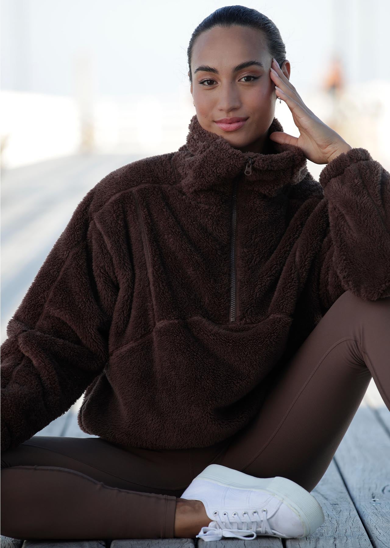 Lorna Jane Zip Front Teddy Pullover - Chocolate