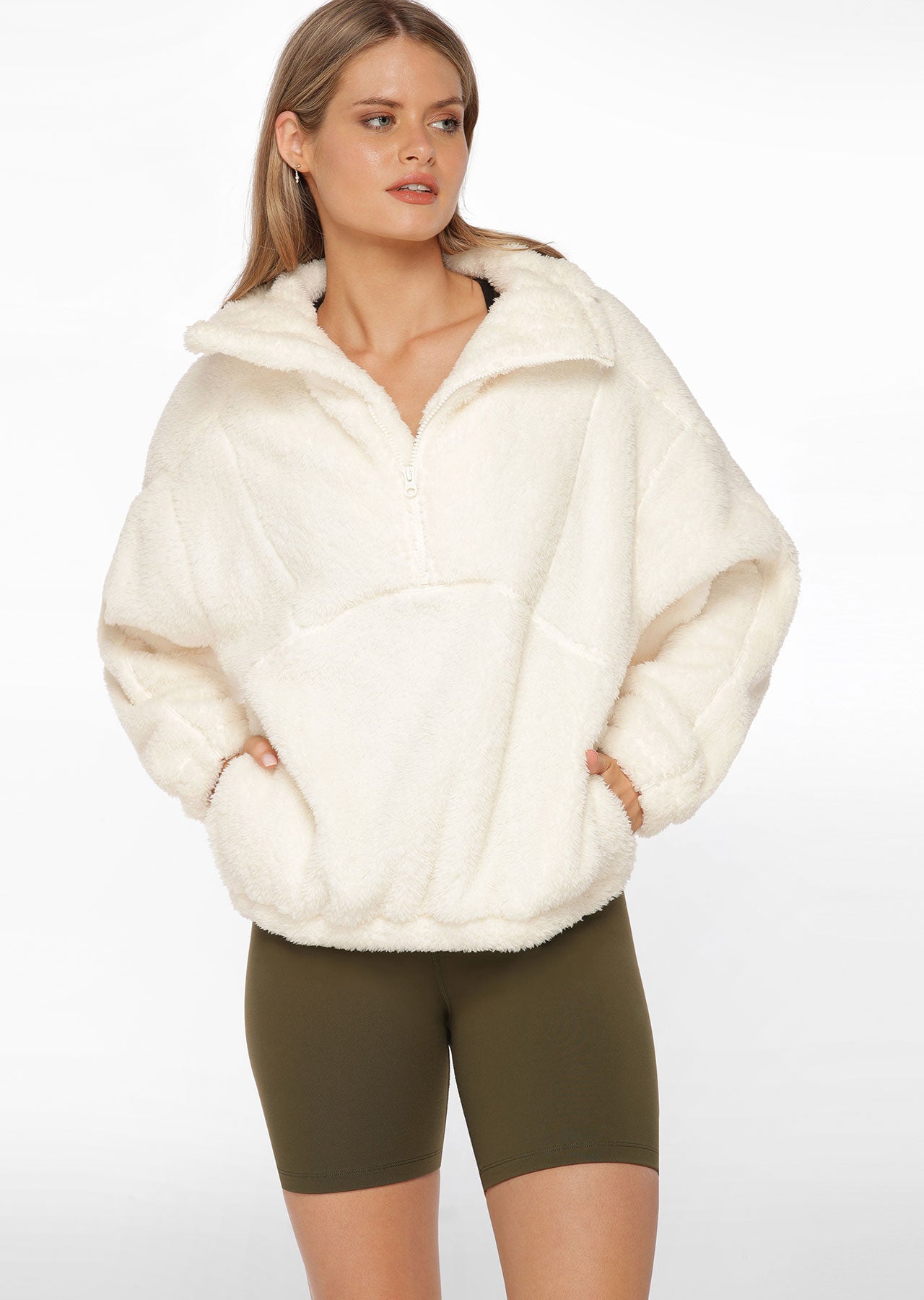 Lorna Jane Zip Front Teddy Pullover - Cream