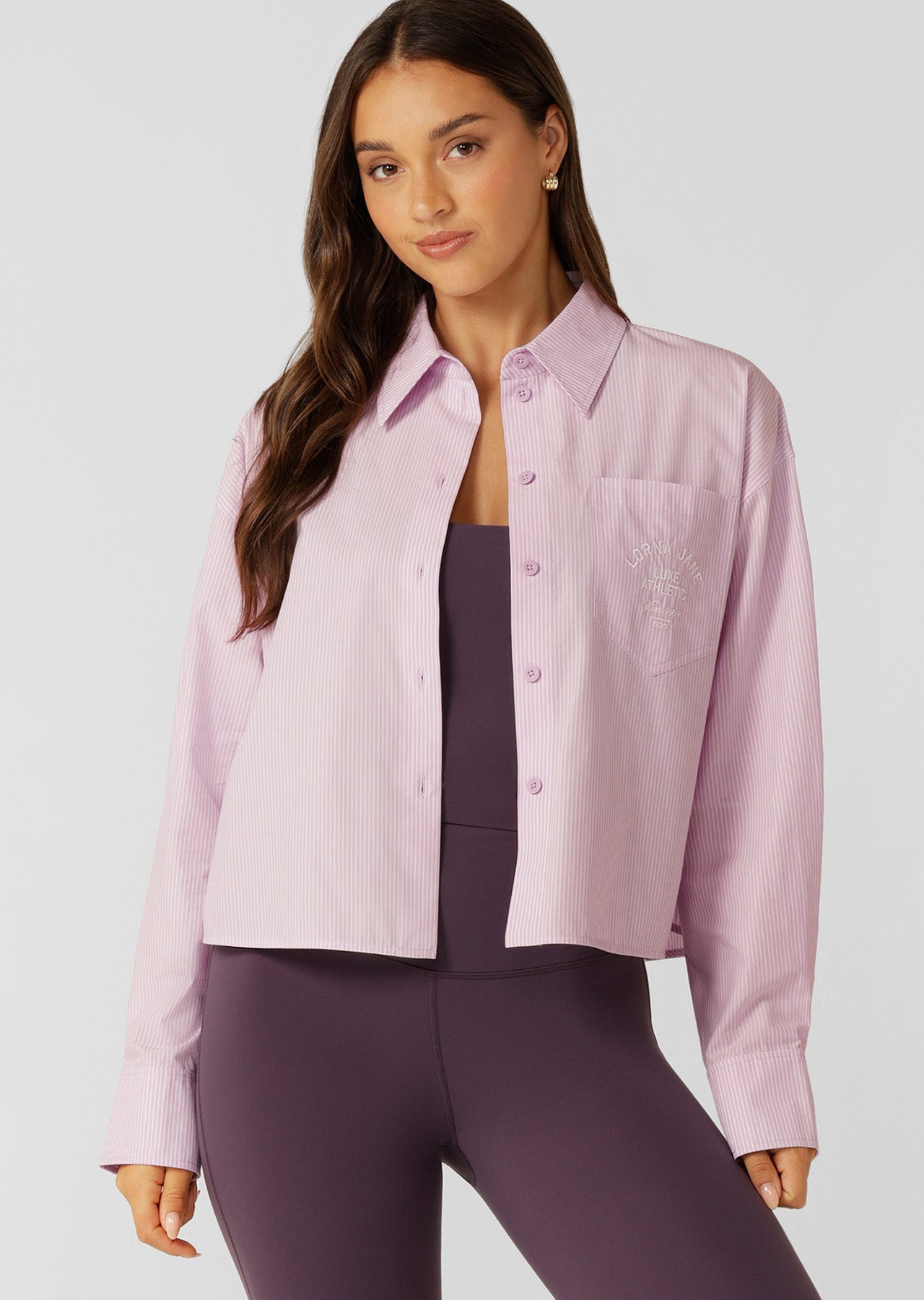 Lorna Jane Heritage Cropped Button Up Shirt - Violet Stripe