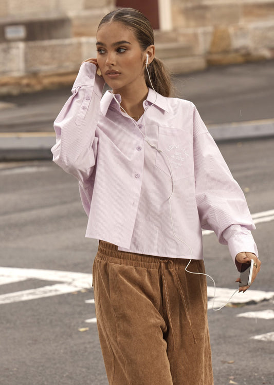 Lorna Jane Heritage Cropped Button Up Shirt - Violet Stripe
