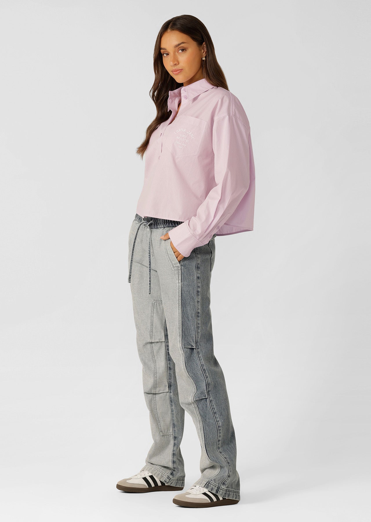 Lorna Jane Heritage Cropped Button Up Shirt - Violet Stripe