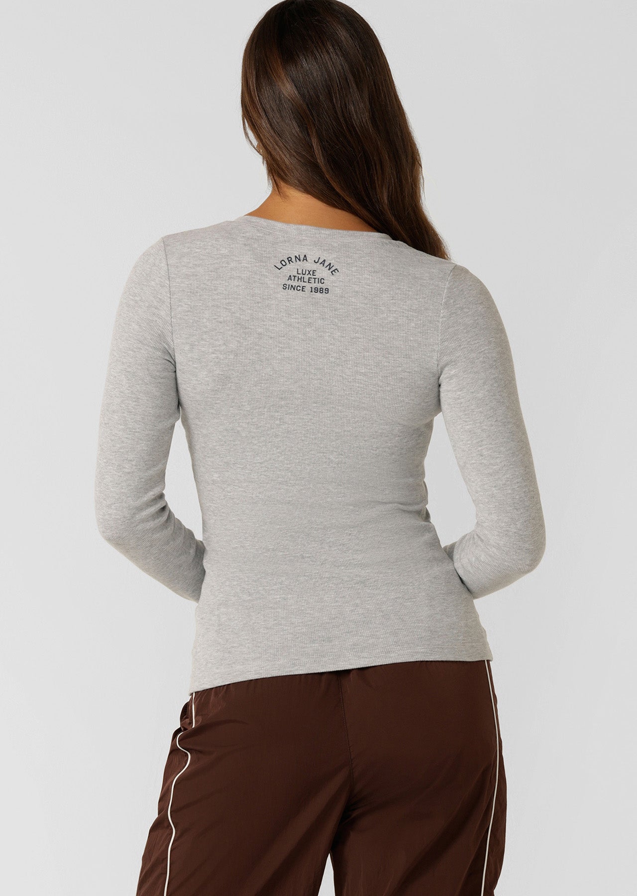 Lorna Jane Henley Rib Long Sleeve Top - Grey Marl