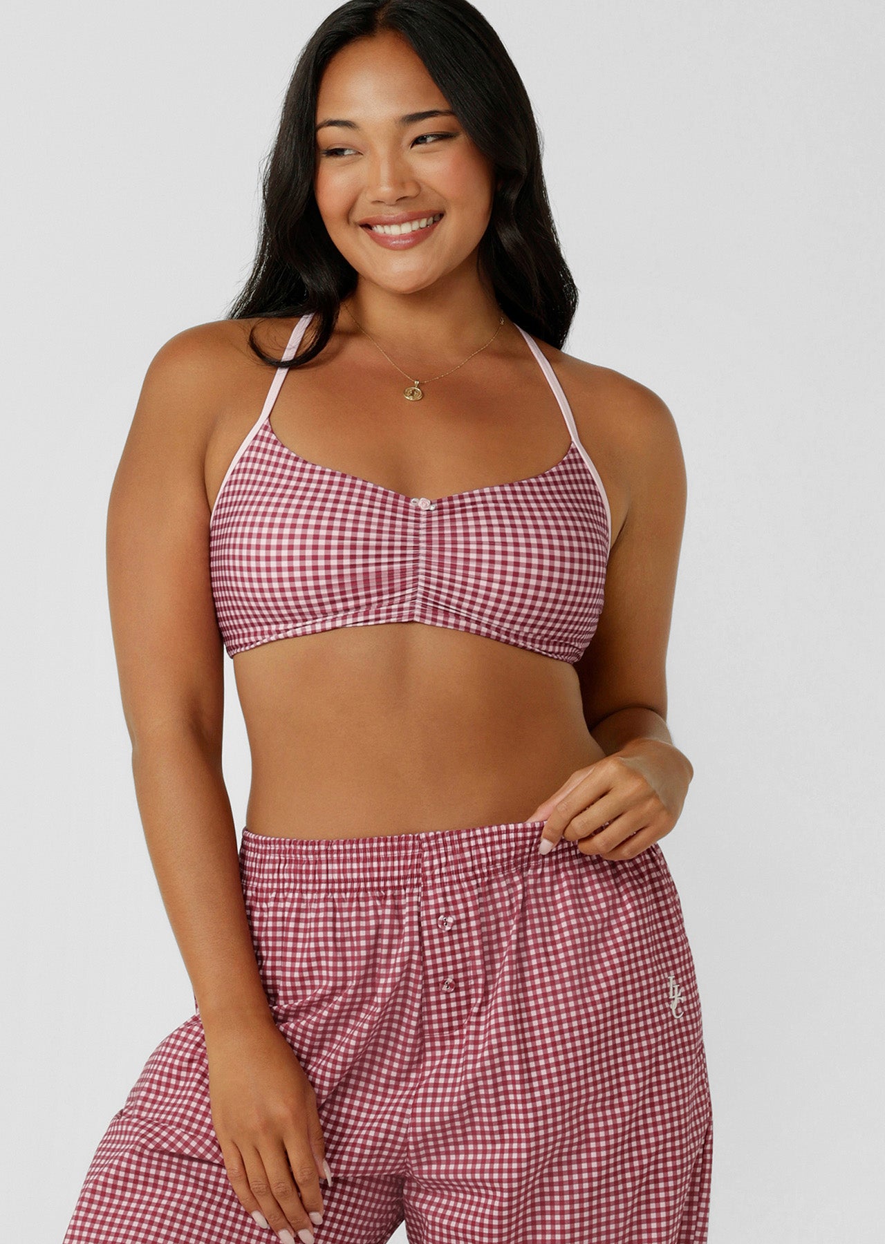 Lorna Jane Sweet Escape Sports Bra - Berry Sweet Check