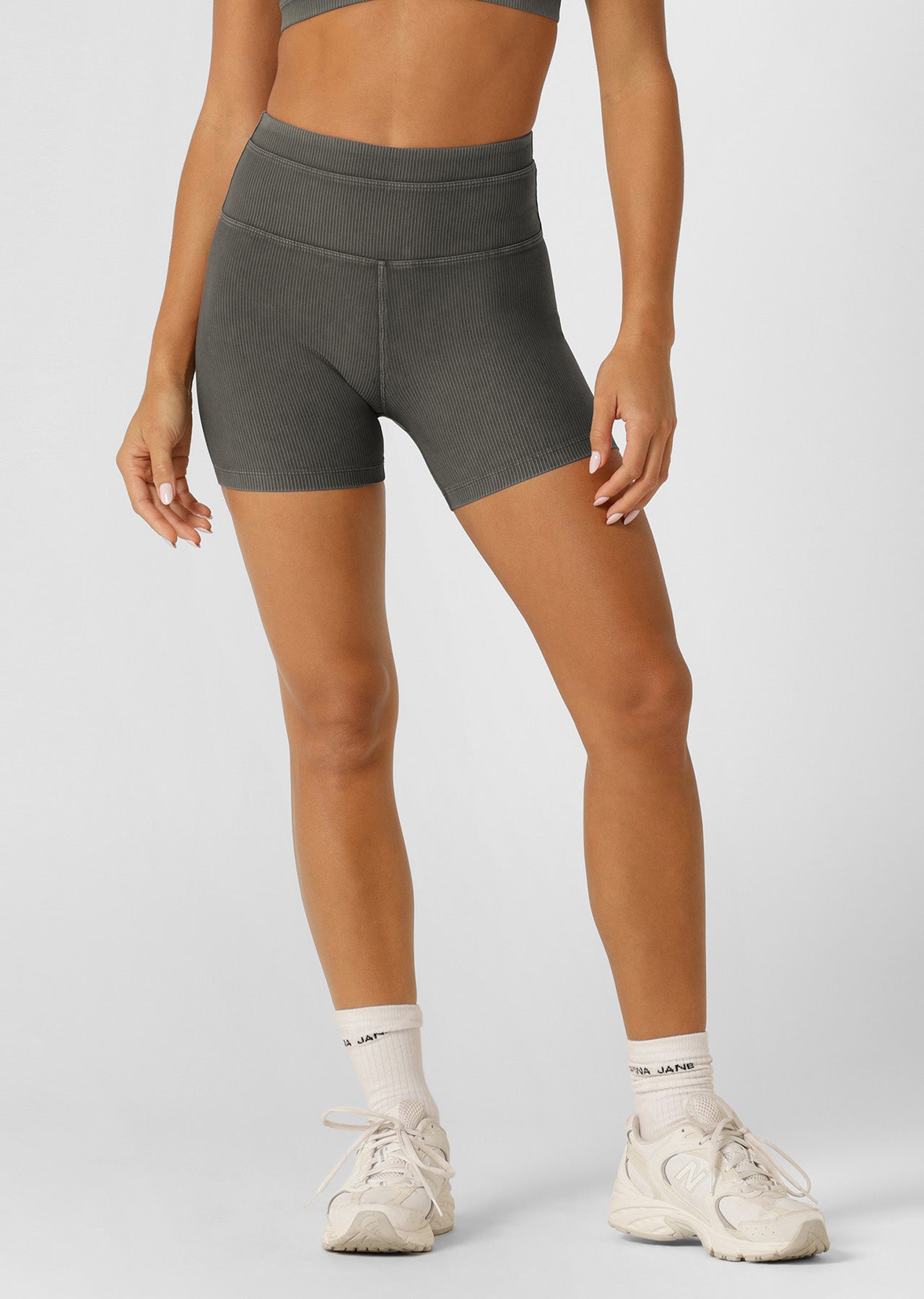 Lorna Jane Perform Washed Rib 12cm Bike Shorts - Washed Khaki Haze