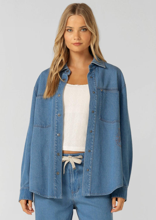 Lorna Jane Off Duty Vintage Wash Denim Shirt - Blue Denim