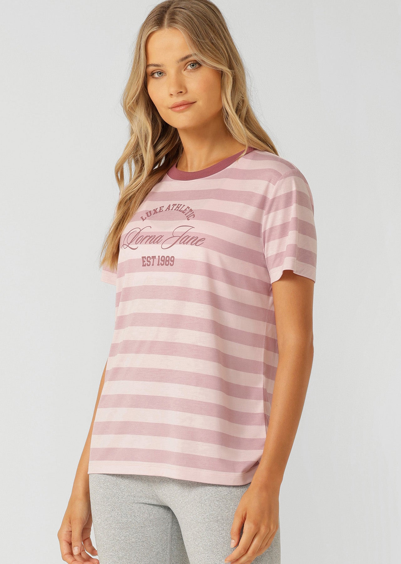 Lorna Jane Luxe Athletic Stripe T-Shirt - Pale Dusty Rose Stripe