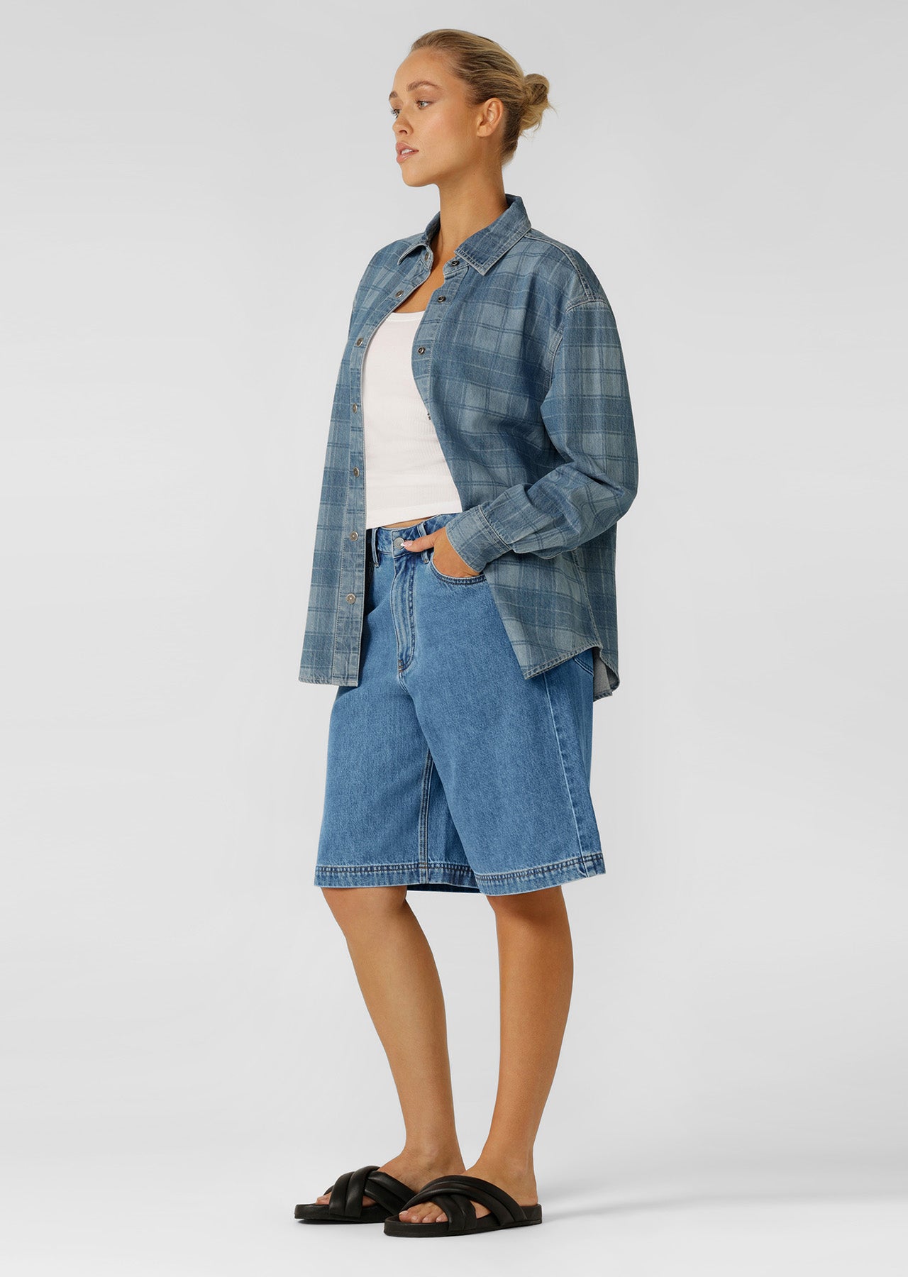 Lorna Jane Off Duty Vintage Wash Denim Shorts - Washed Blue Denim