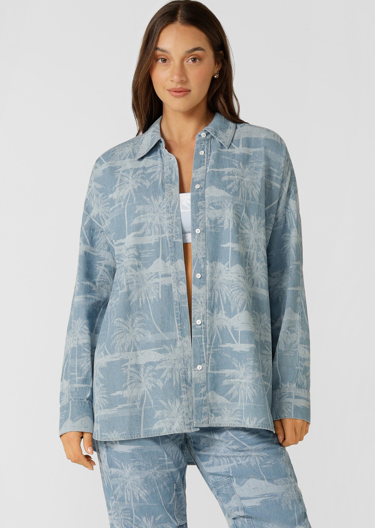 Lorna Jane Aloha Denim Button Up Shirt - Aloha Blues Print