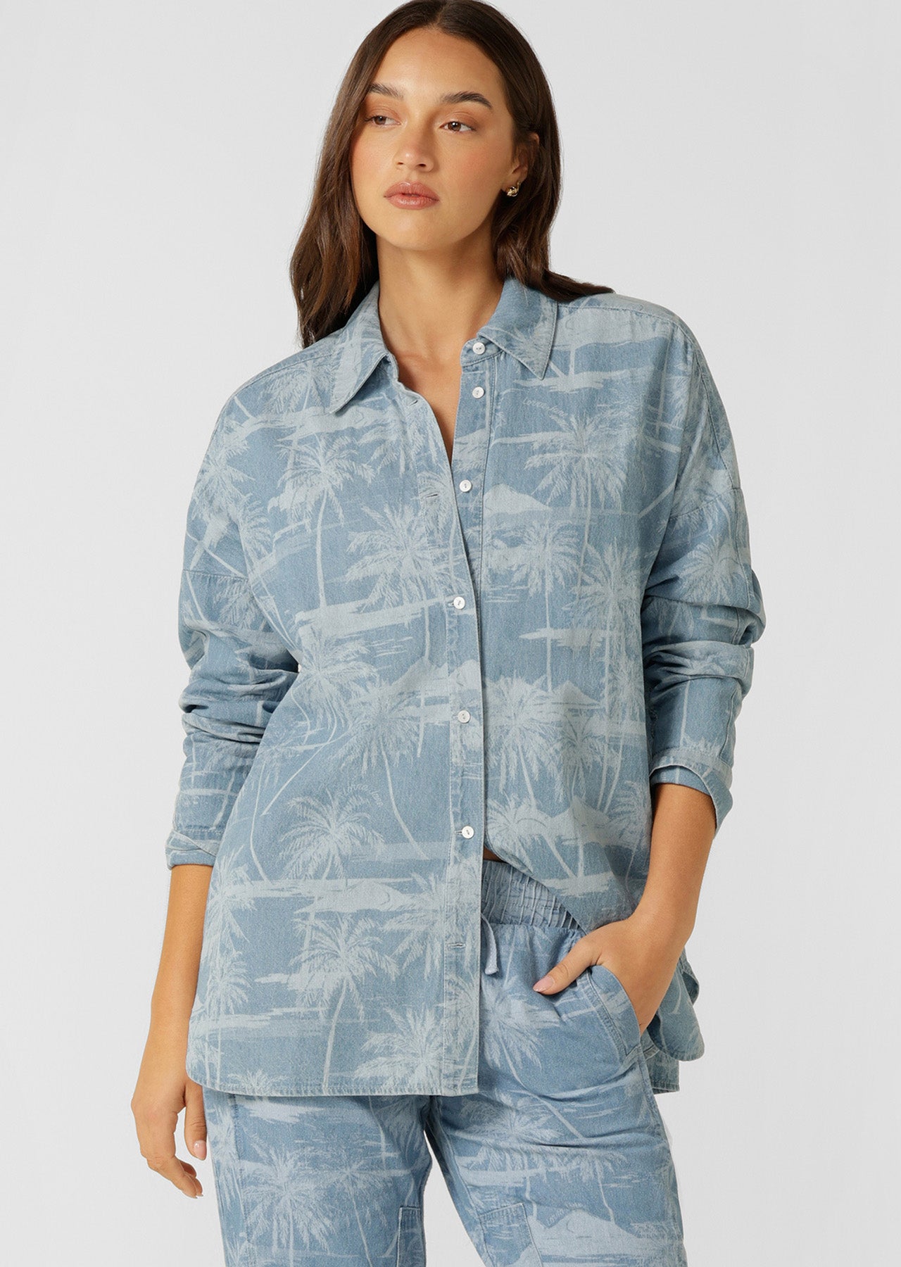 Lorna Jane Aloha Denim Button Up Shirt - Aloha Blues Print