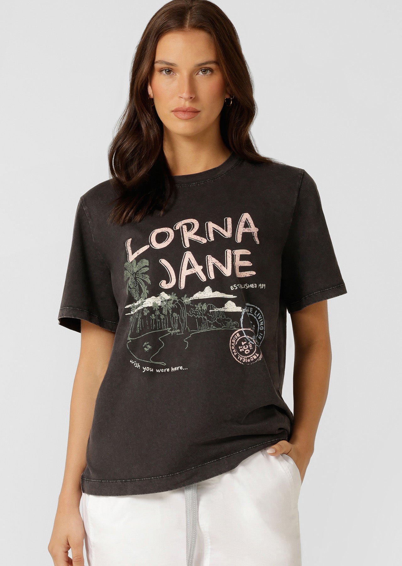 Lorna Jane Wish You Were Here Washed Relaxed T-Shirt - Washed Black