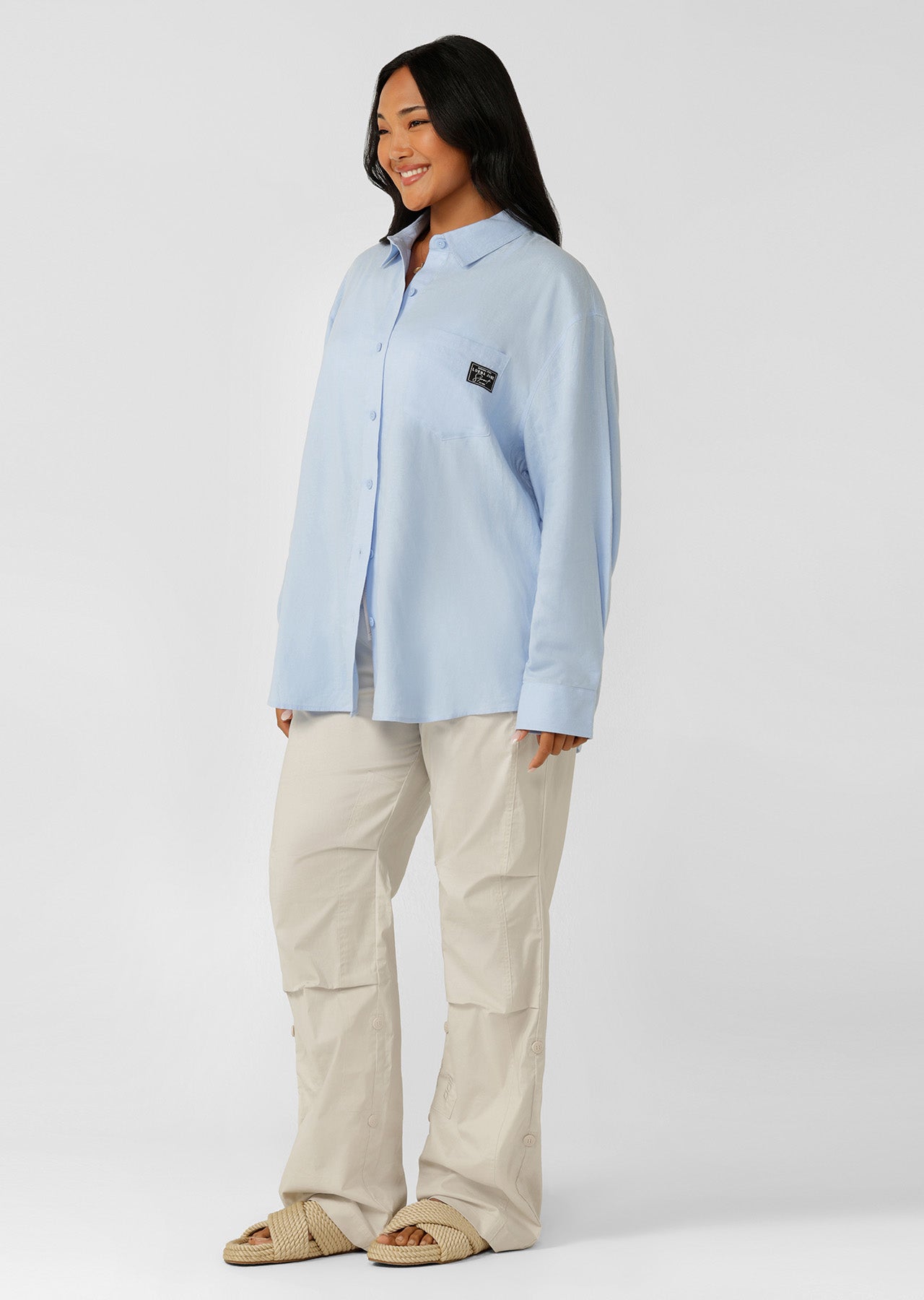 Lorna Jane Everline Long Sleeve Linen Shirt - Oxford Blue