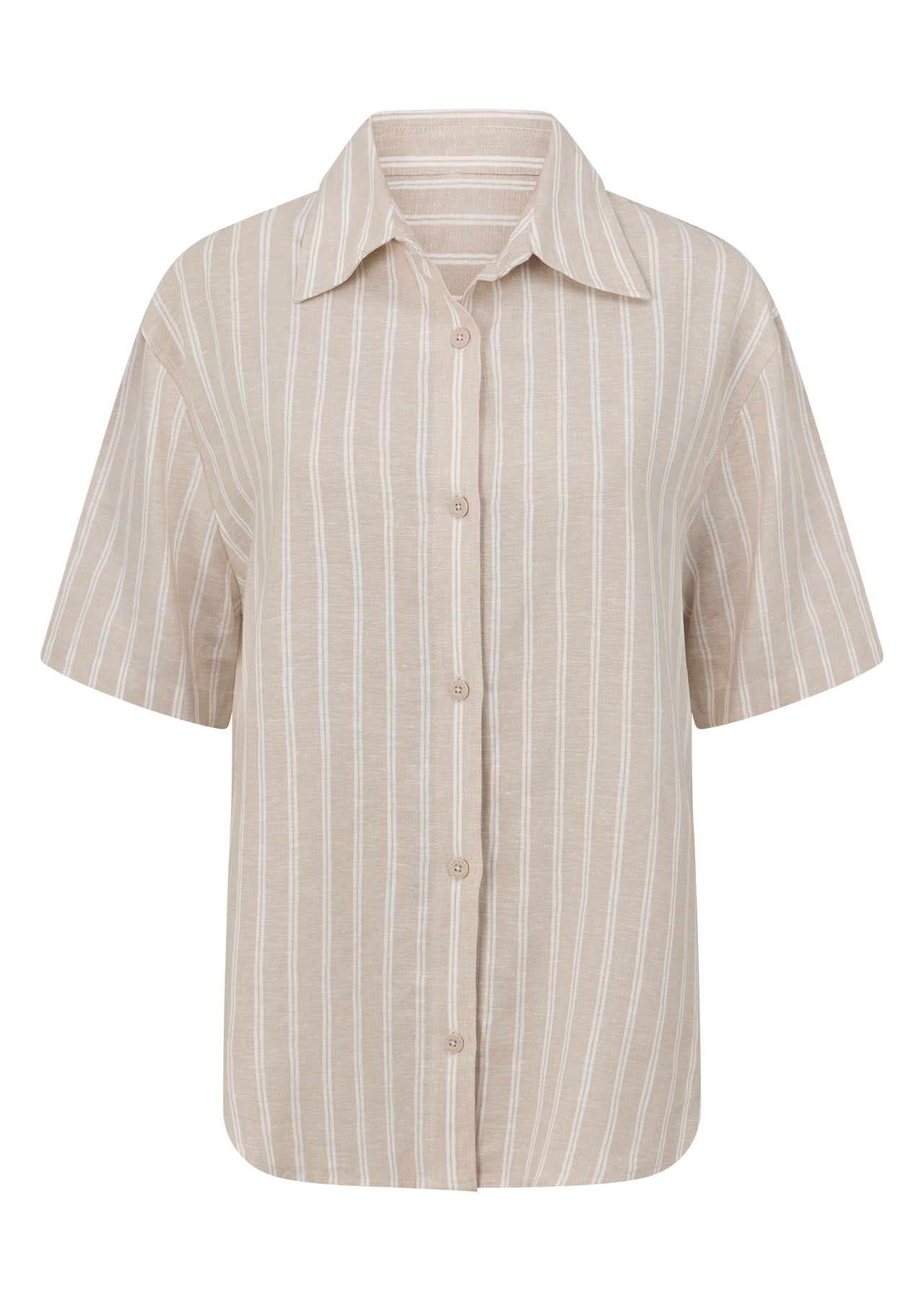 Lorna Jane Preset Stripe Linen Short Sleeve Shirt - Latte Stripe