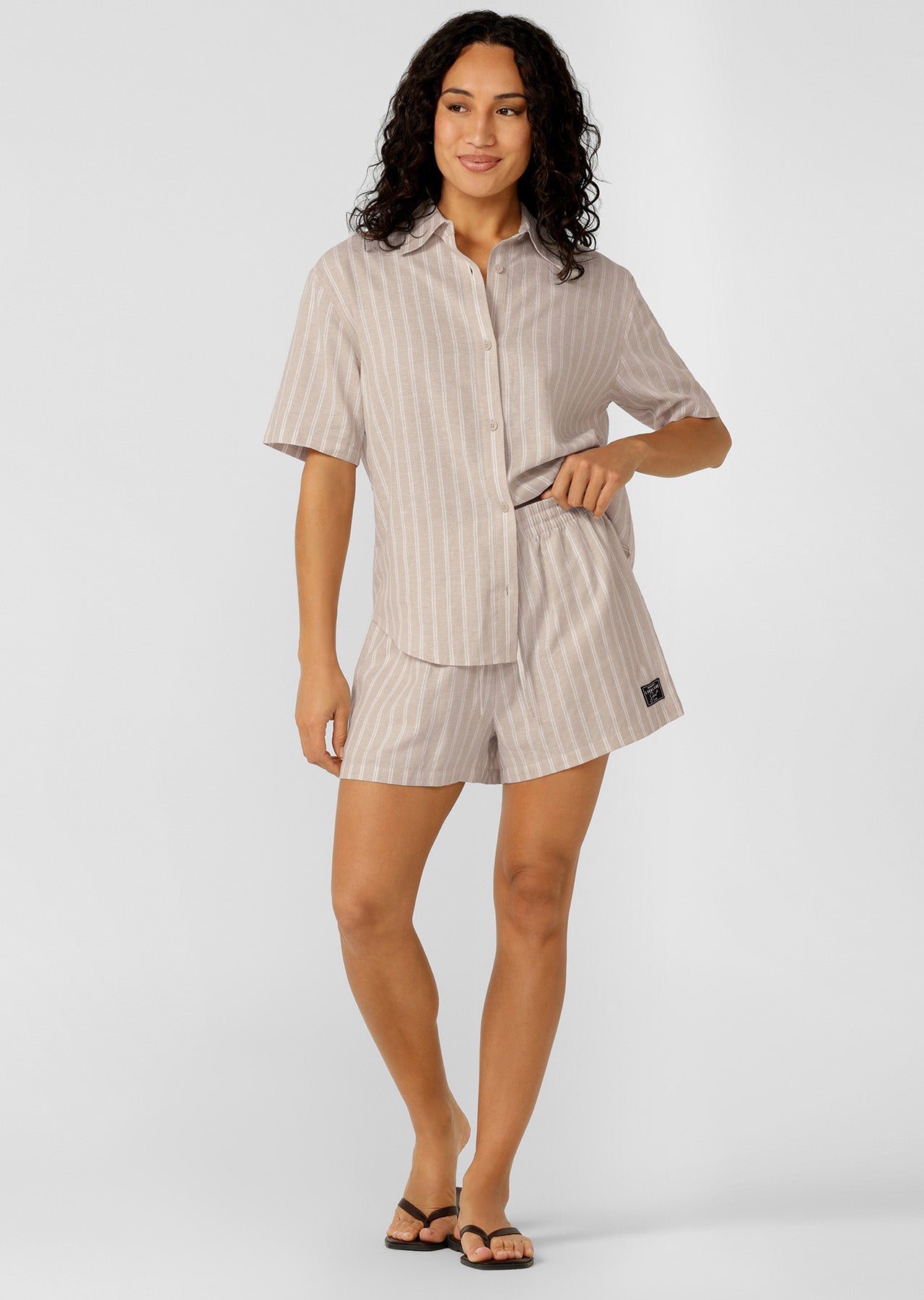 Lorna Jane Preset Stripe Linen Shorts - Latte Stripe