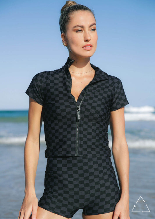 Lorna Jane Pipeline Recycled Rash Vest - Black Checkerboard Print