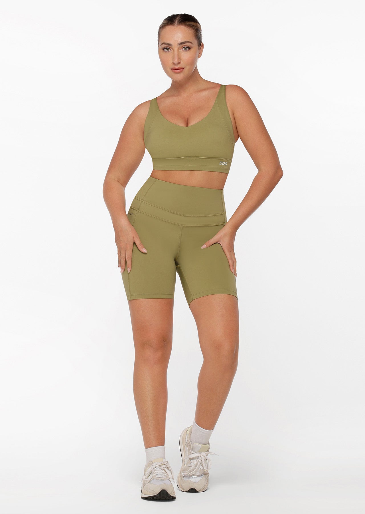 Lorna Jane Stomach Support Zip Phone Pocket Bike Shorts - Olive