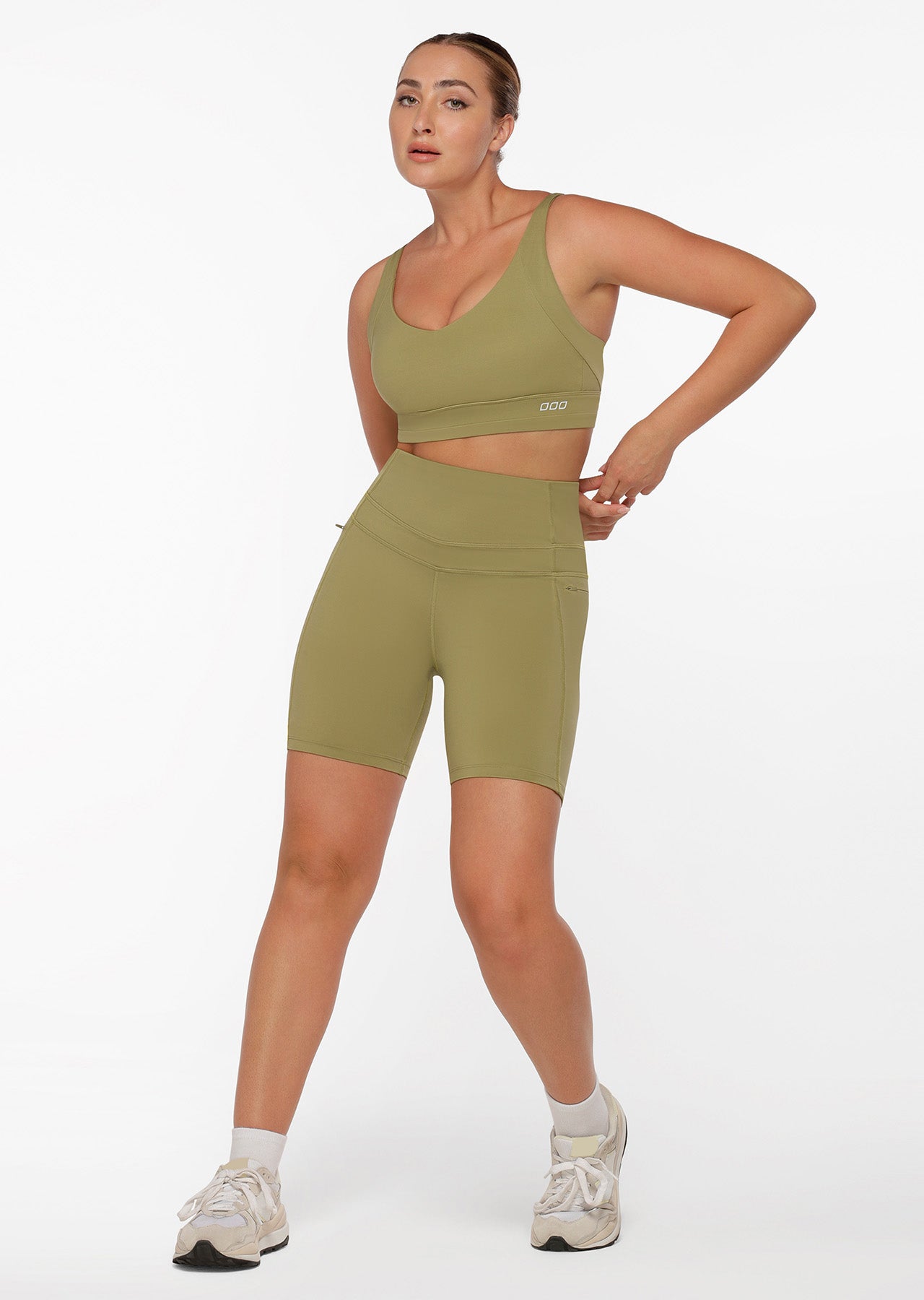 Lorna Jane Stomach Support Zip Phone Pocket Bike Shorts - Olive