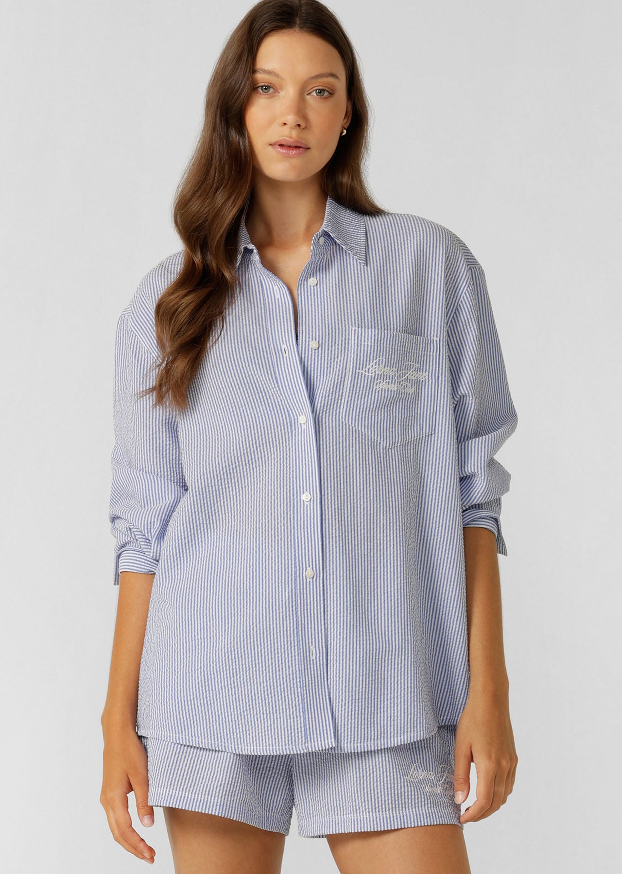 Lorna Jane Country Club Seersucker Shirt - Blue Stripe