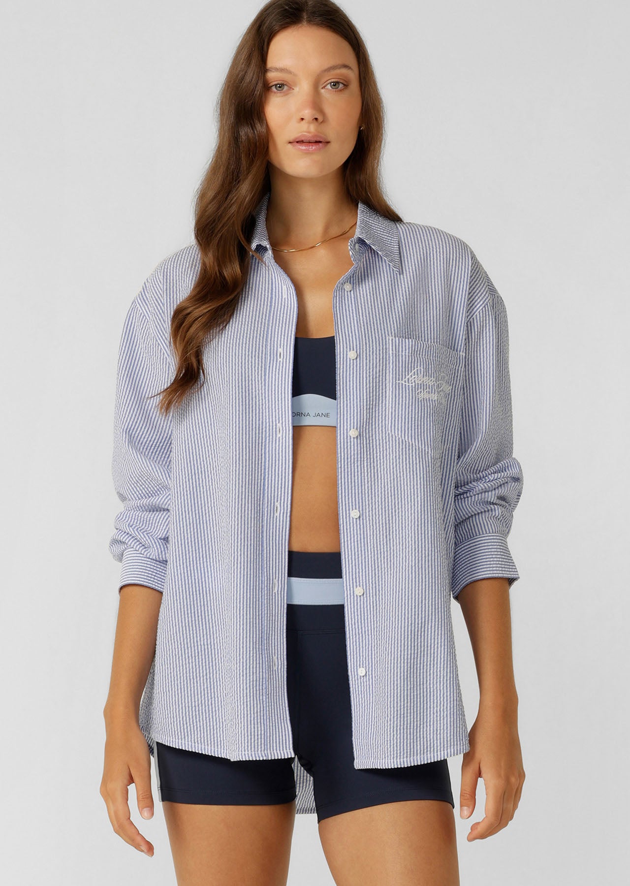 Lorna Jane Country Club Seersucker Shirt - Blue Stripe