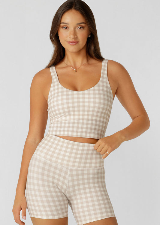 Lorna Jane Sweet Gingham Bra Tank Combo - Latte Ranch Gingham Print