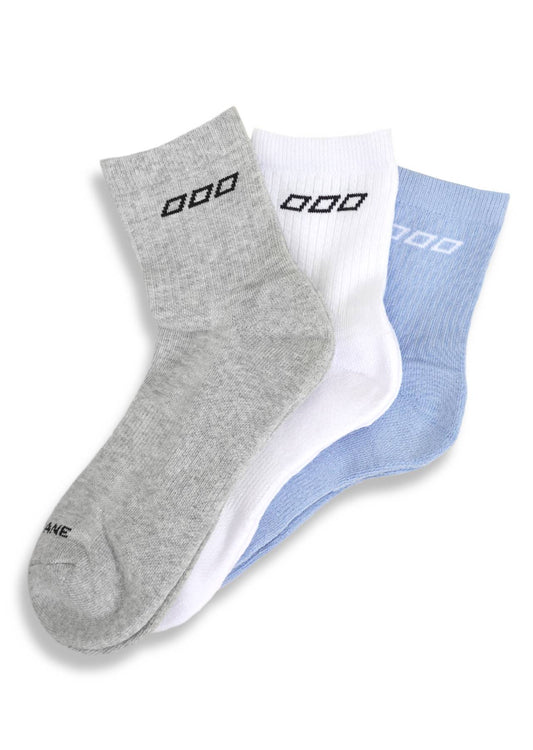Lorna Jane 3PK LJ Quarter Crew Socks - Light Moontide & White & Grey Marl