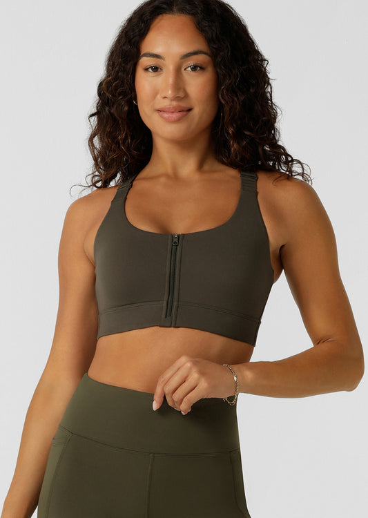 Lorna Jane Easy Zip On Max Support Sports Bra - Dark Luxury Green