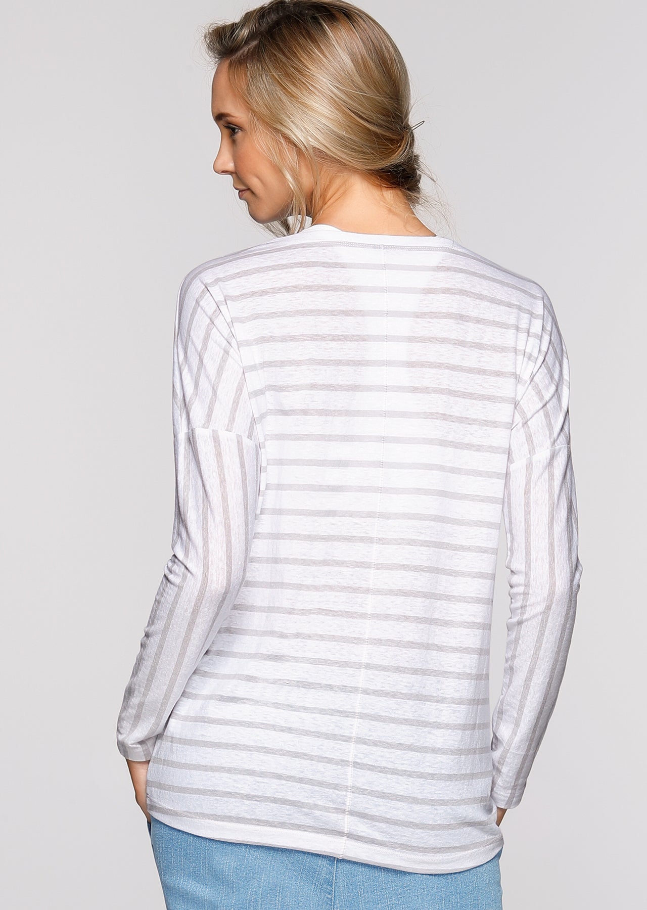 Lorna Jane Belle L/Slv Casual Top - White/Galaxy Stripe