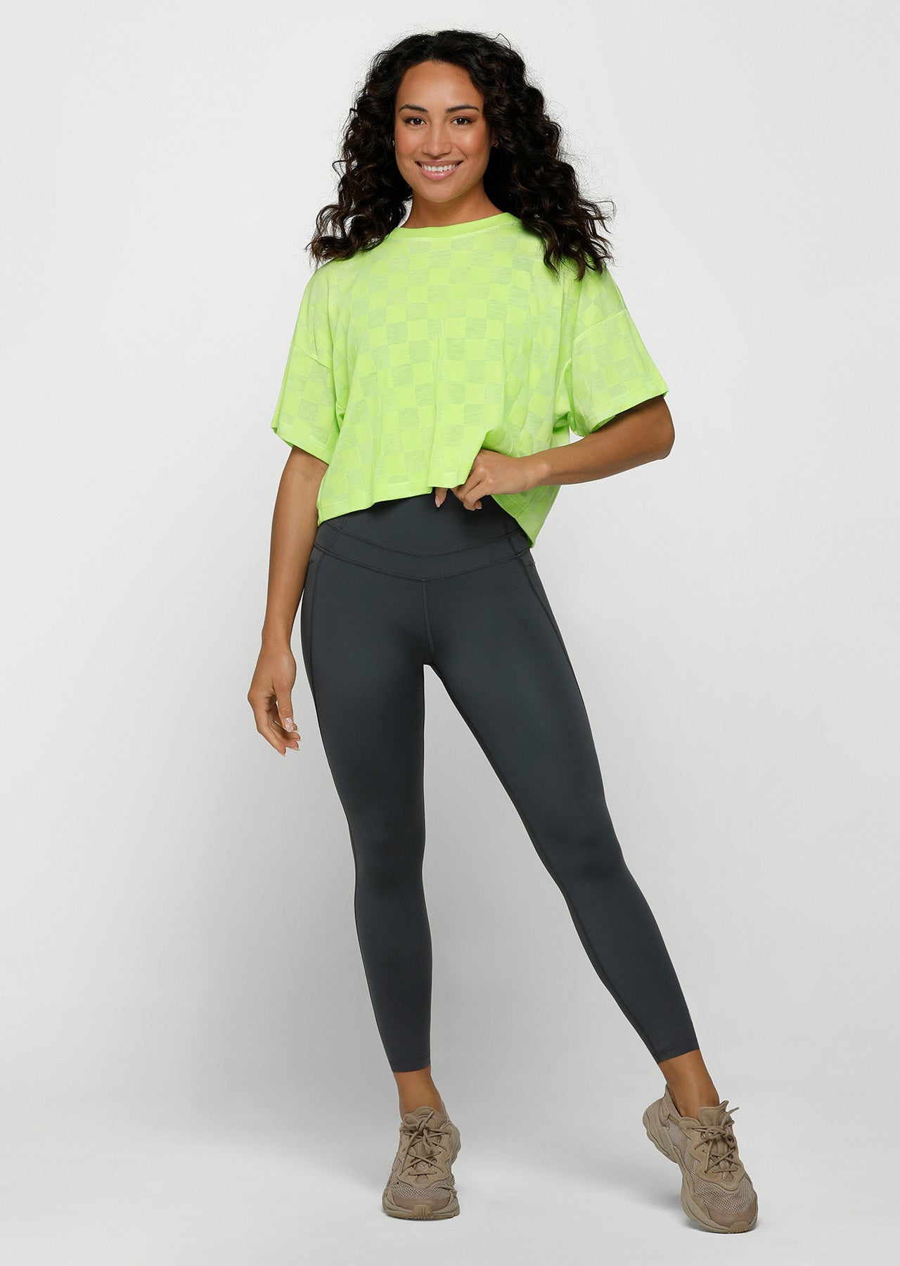 Lorna Jane Checkerboard Burnout Cropped Tee - Glow Green
