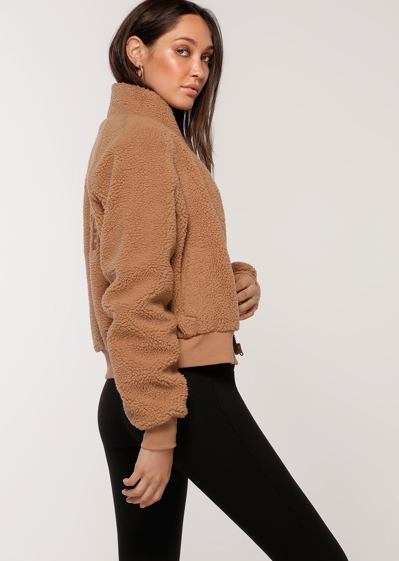 Lorna Jane Comfy Sherpa Bomber Jacket - Biscuit
